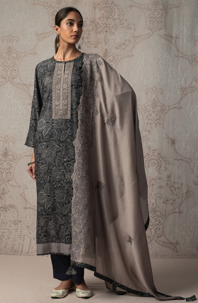 Image of Black Pashmina Suit Set with Pashmina Dupatta - R157-SPR2482C