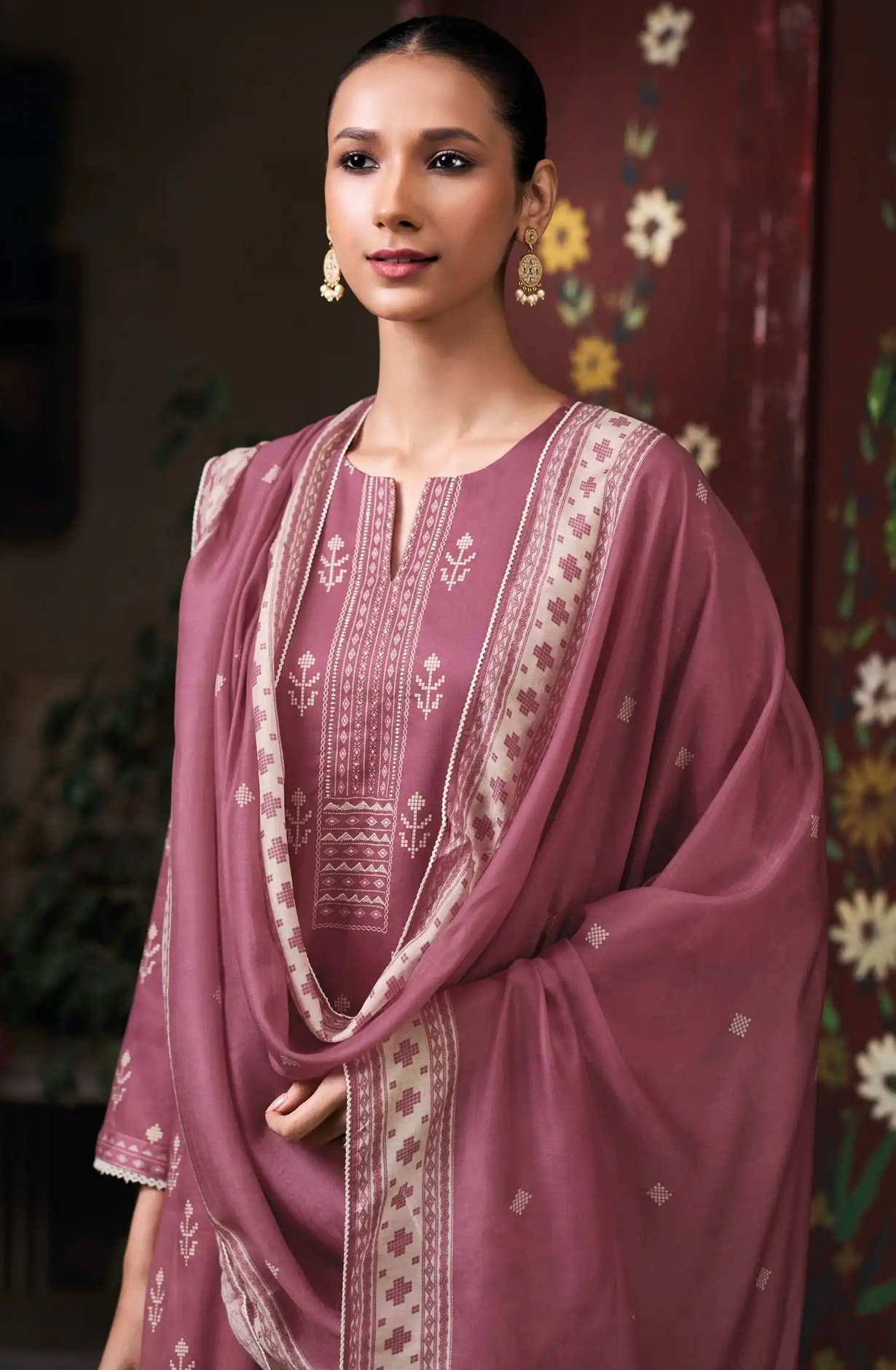 Mauve Premium Cotton Satin Unstitched Suit Set with Beautiful Dupatta - KAIS4946D