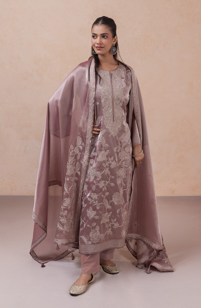 Image of Peach Oris Silk Unstitched Suit Set with Beautiful Dupatta - R157-SPR2768A