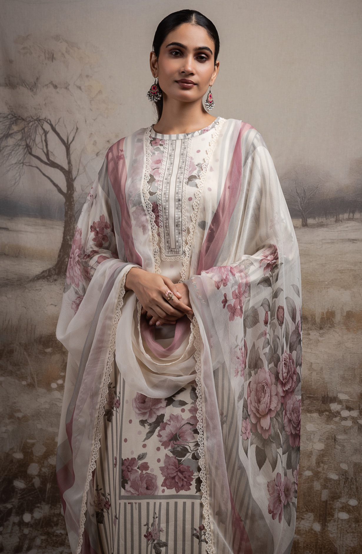 Beige cotton Unstitched Suit Set with Dupatta - RISNT117B