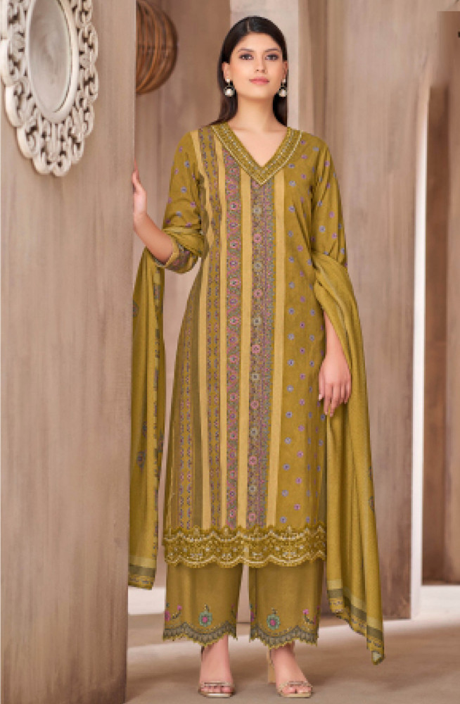 Image of Yellow pure corduroy Suit set with Dupatta- ISH5018