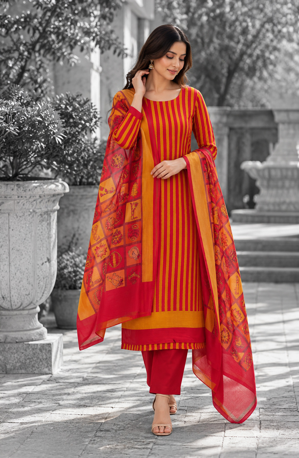 Maroon Maheshwari Unstitched Suit-Set with Dupatta - 811-S151-445-152A