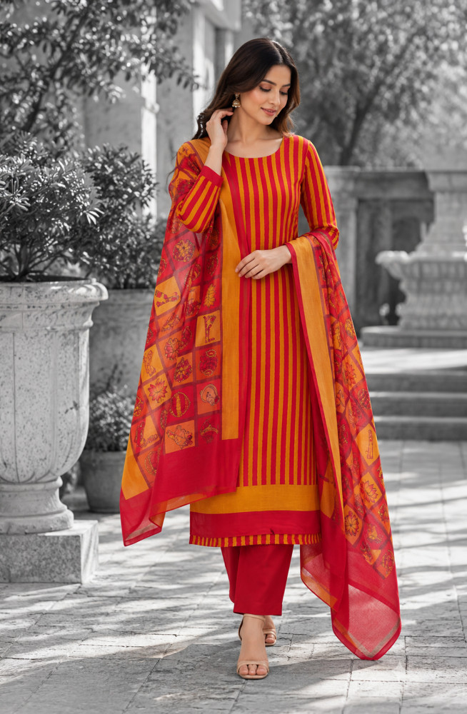 Image of Maroon Maheshwari Unstitched Suit-Set with Dupatta - 811-S151-445-152A