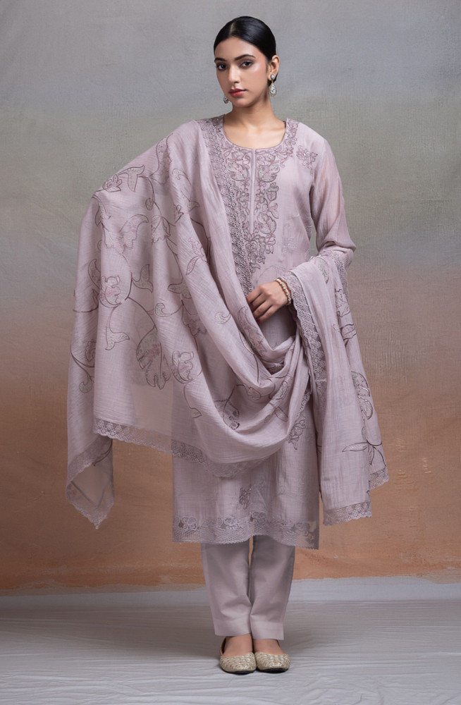 Image of Grey Pure banarasi mul chanderi Suit Set with Dupatta - TOPNSP157B