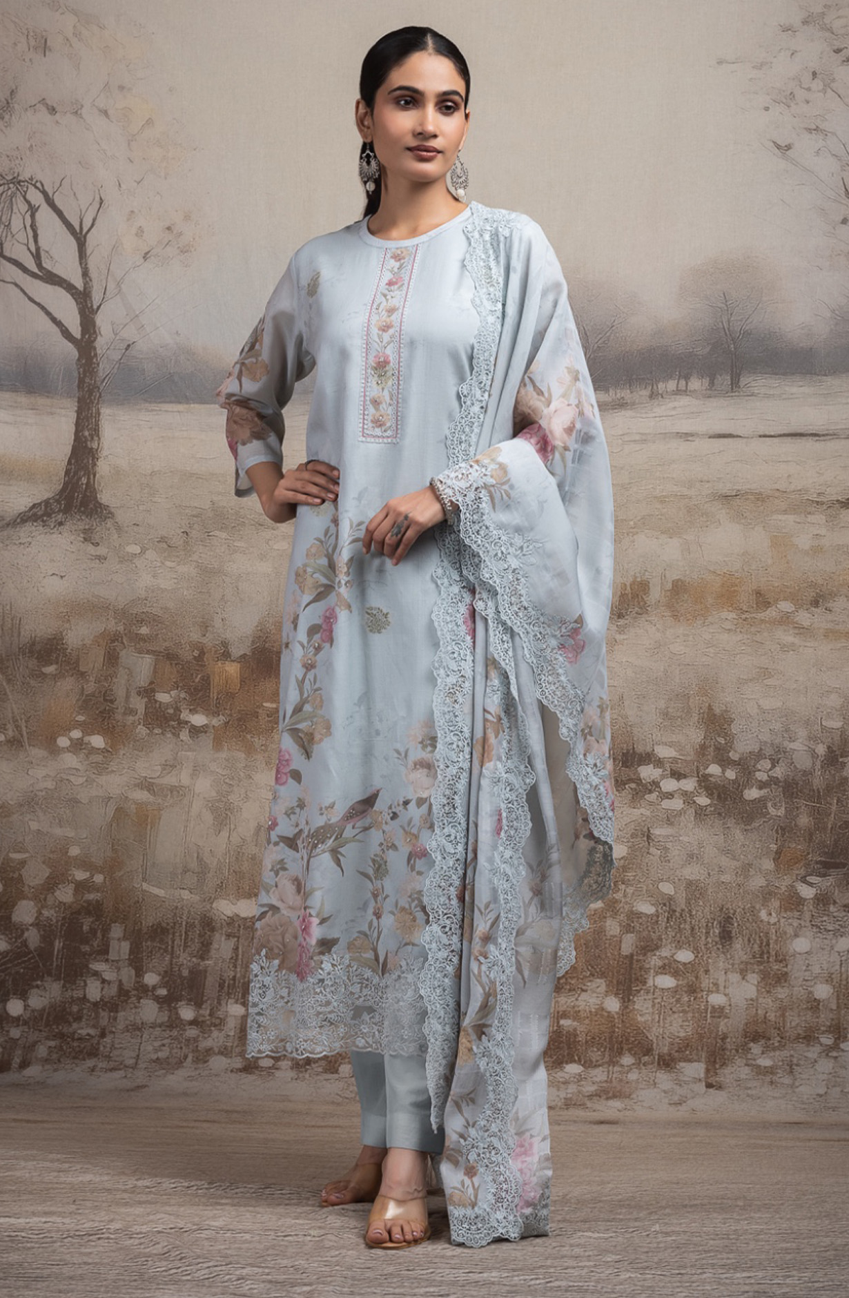 Grey Pure mul chanderi beautiful Suit Set with Dupatta - ROSNT144B