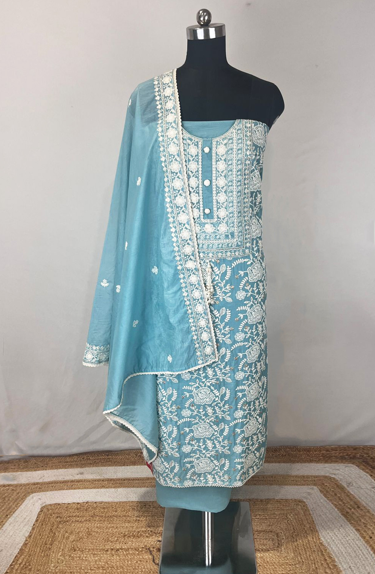 Blue Mul Chanderi Unstitched Beautiful Suit Set with Dupatta - 824-2514A