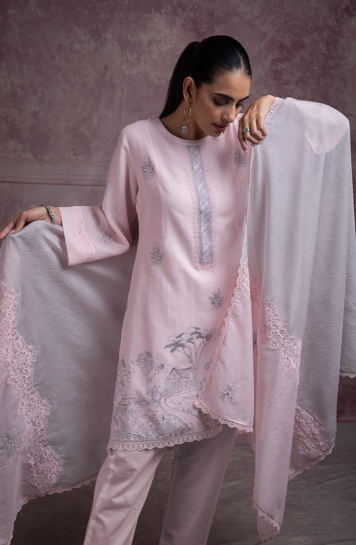 Pink pure cotton linen embroidered beautiful Suit Set with Dupatta - ALANT168C