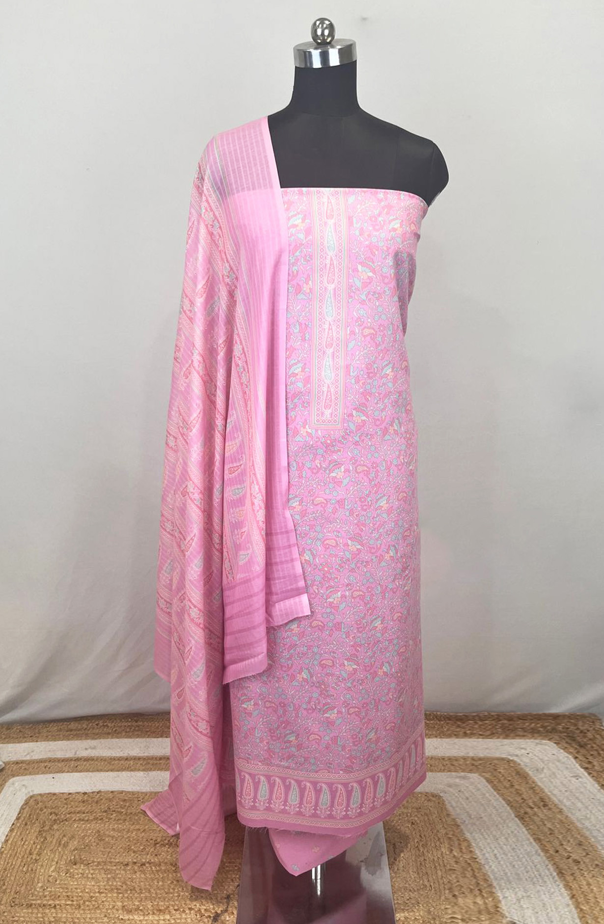 Pink Printed Cotton Unstitched Suit Set with Dupatta - ZAI1907I