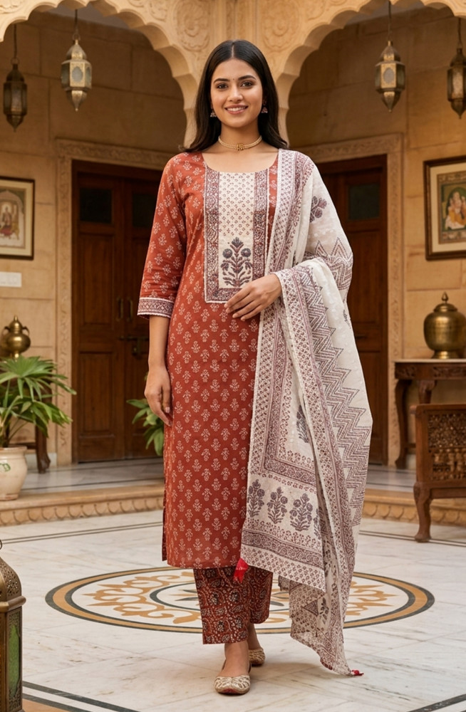 Image of Rust Cotton Digital Printed Beautiful Suit Set with Dupatta - 1029-3323