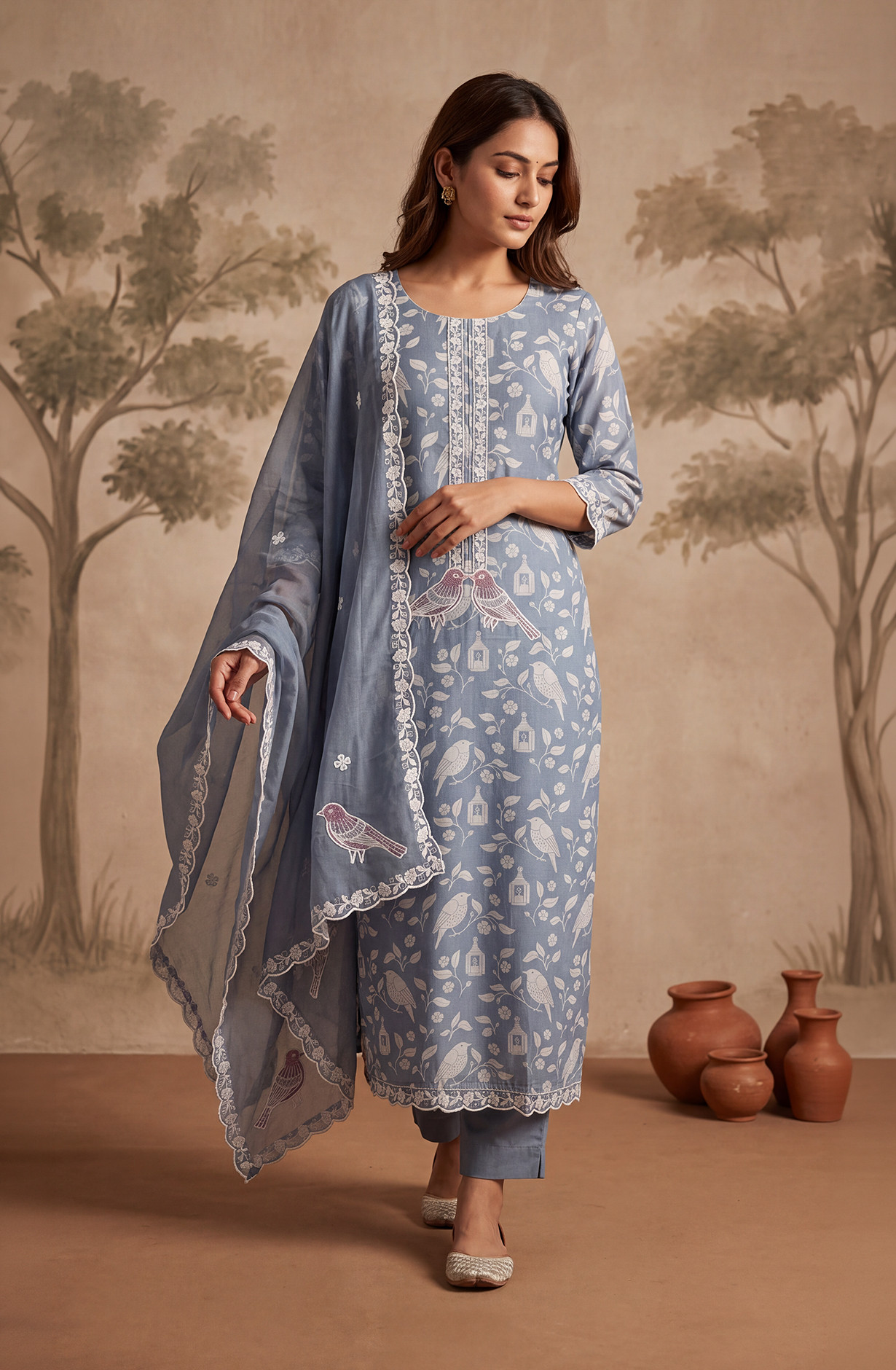 Blue Modal Silk Unstitched Suit Set with Beautiful Dupatta - 131-NT8545