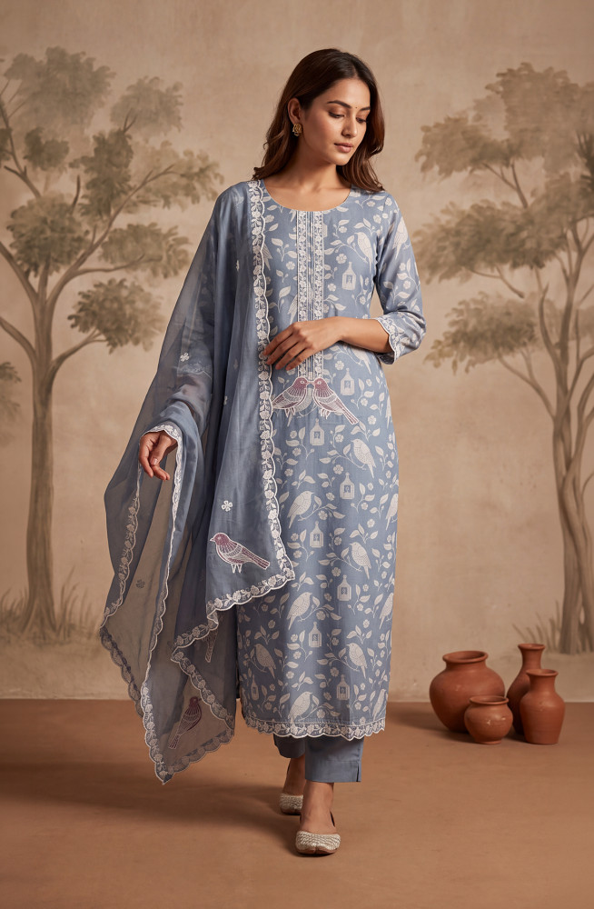 Image of Blue Modal Silk Unstitched Suit Set with Beautiful Dupatta - 131-NT8545