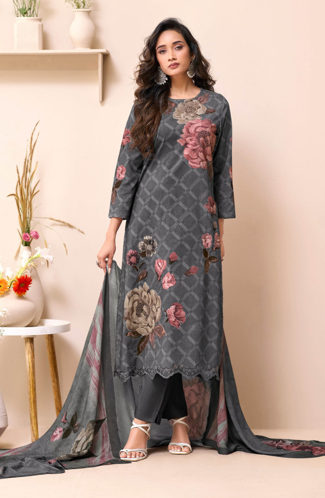 Image of Grey pure corduroy Suit set with Dupatta- ROS735