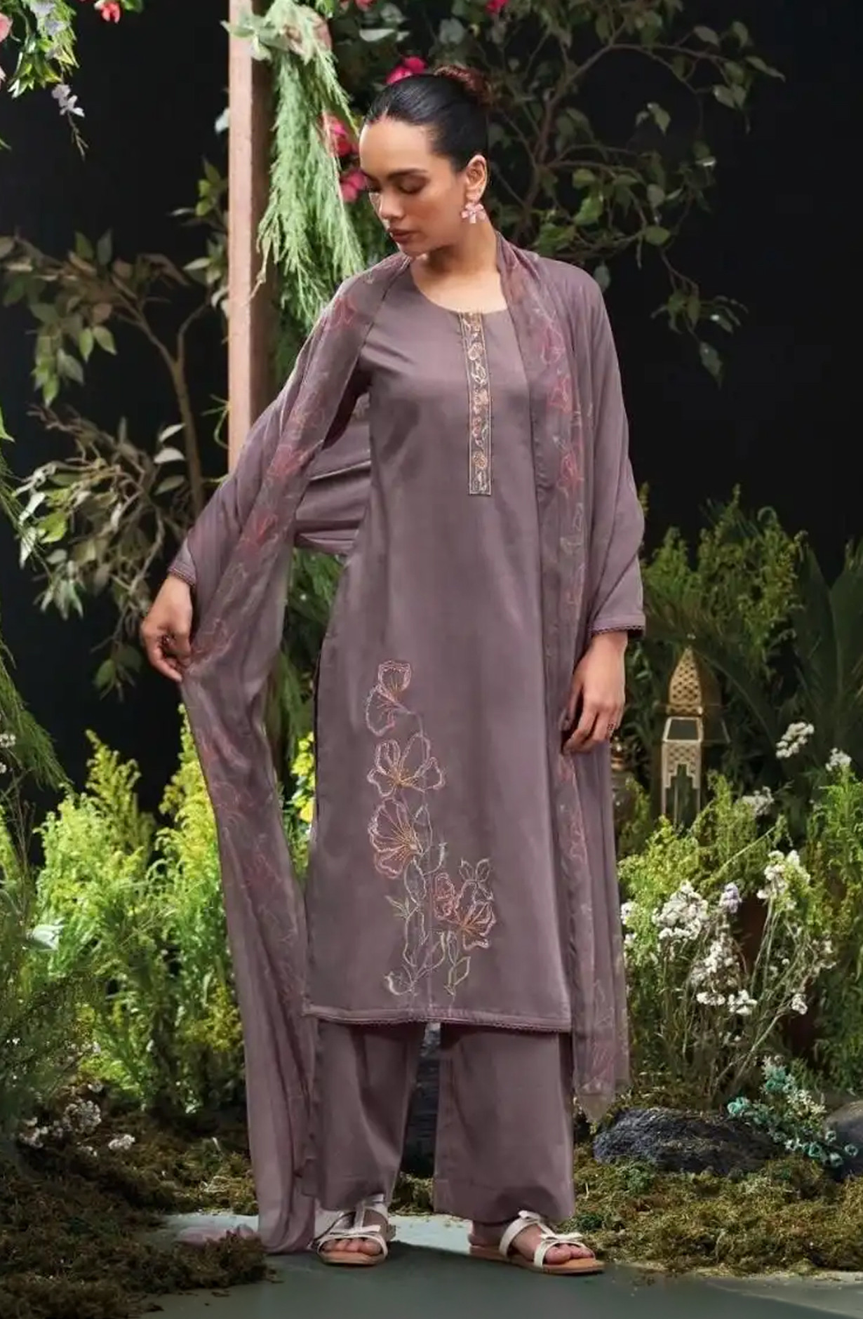 Mauve Premium Cotton Satin Unstitched Suit Set with Dupatta - MOR4745A