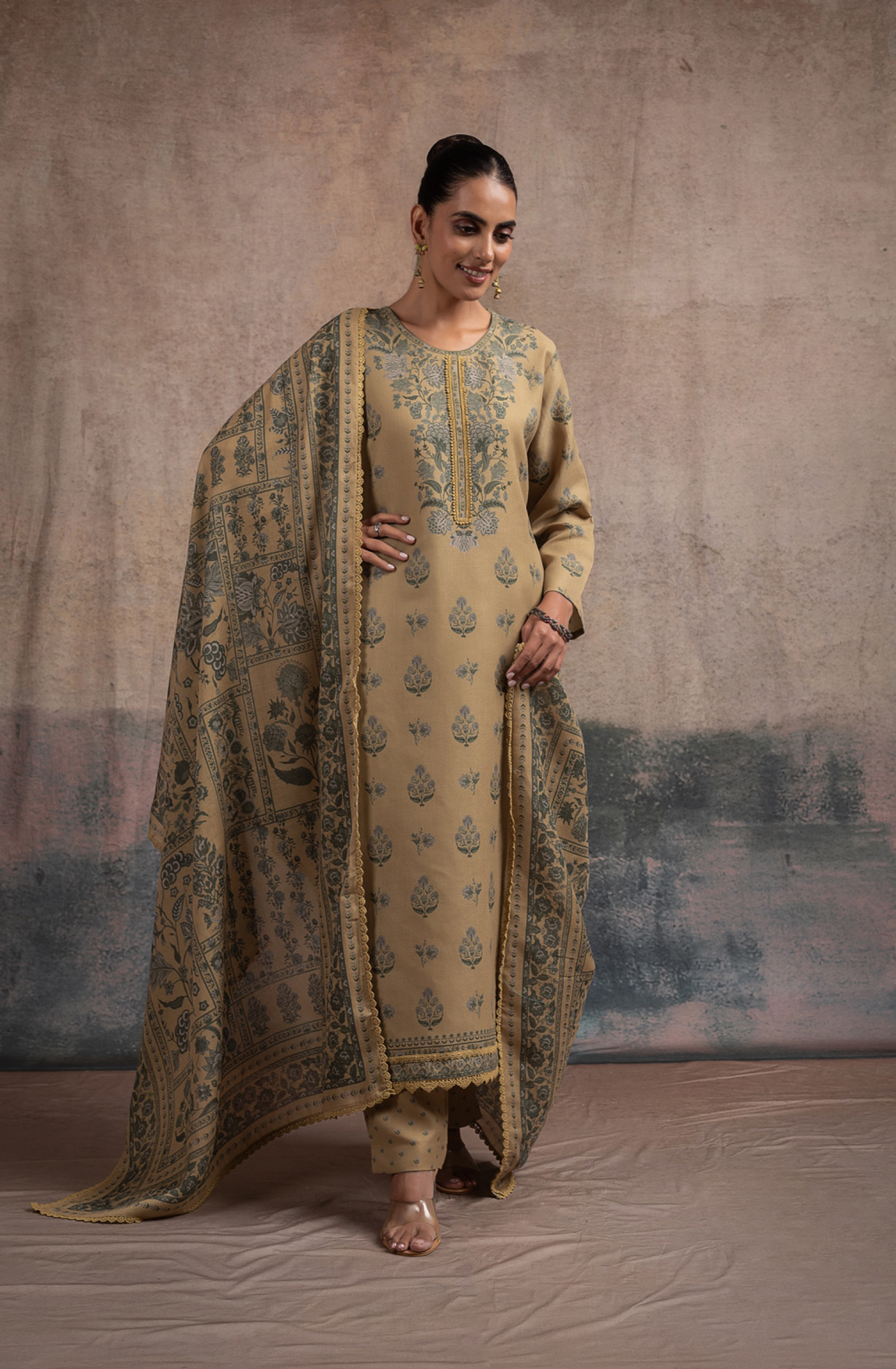 Mustard Pashmina Digital Printed Suit Set with Dupatta - SUF2136C