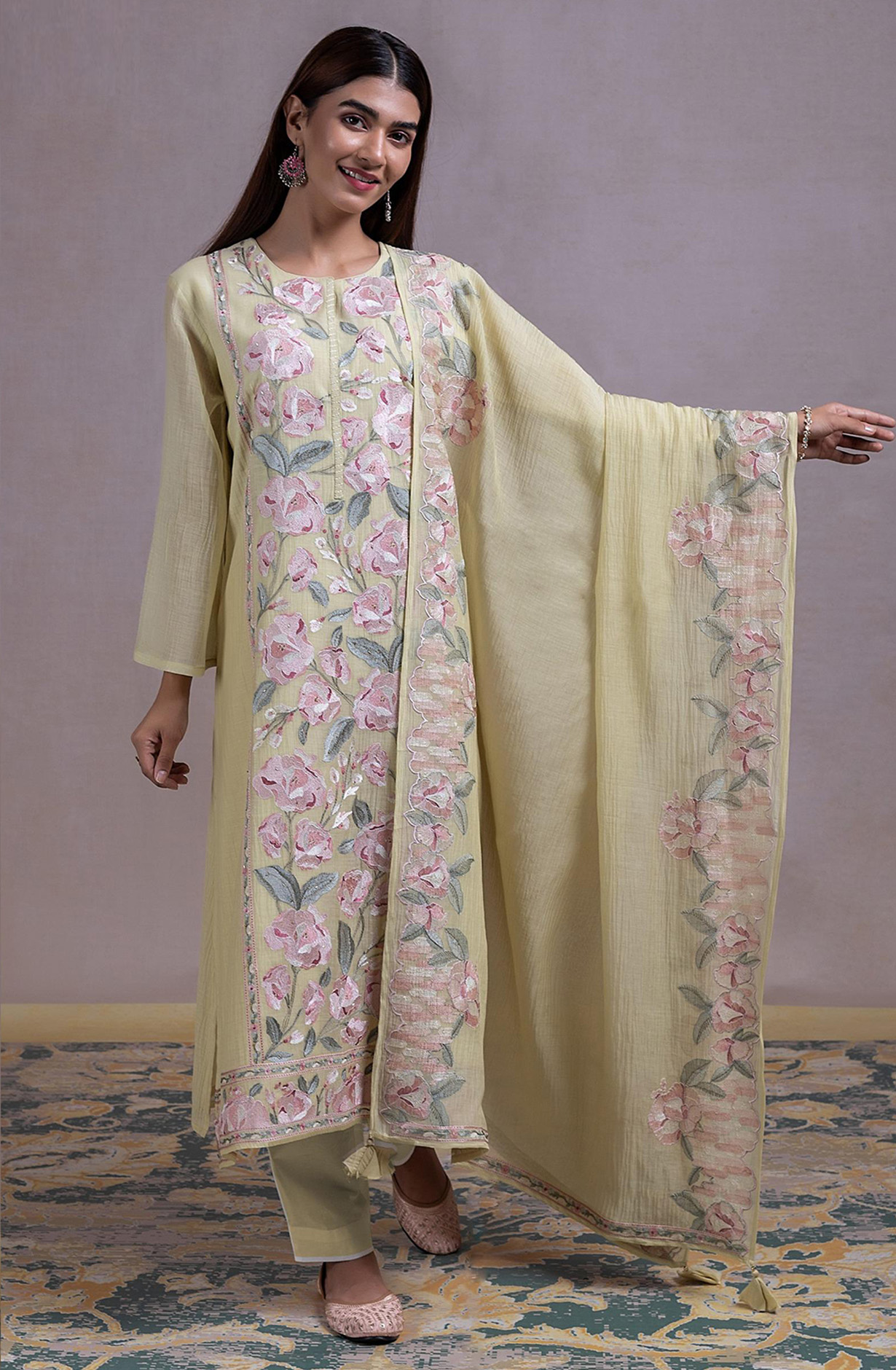 Lemon Mul chanderi Embroidered Suit Set with Dupatta - R157-SPR2316B