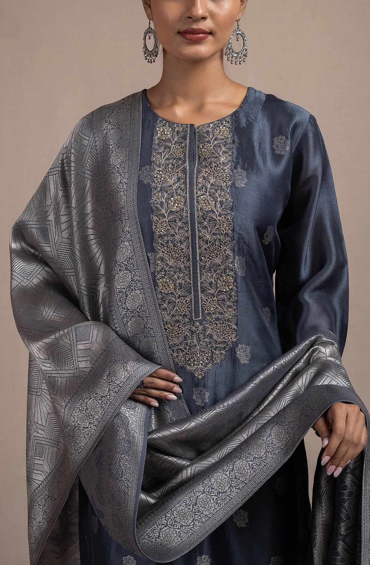 Blue Silk Jacquard Suit Set with Silk Dupatta - R157-SPR2536C