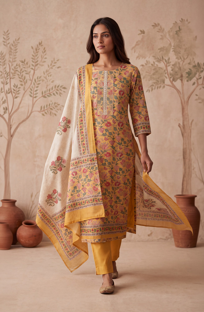 Image of Mustard Silk Unstitched Suit Set with Beautiful Dupatta - 972-WETSL1102-3B