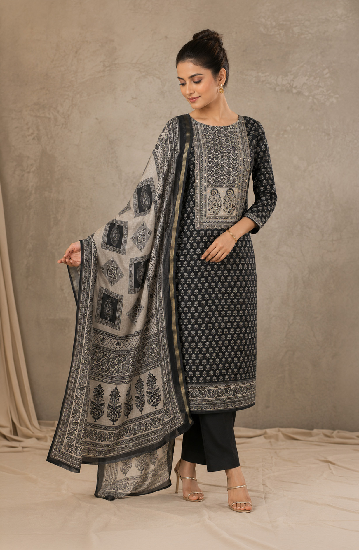 Black Silk Unstitched Suit Set with Beautiful Dupatta - 944-1374A