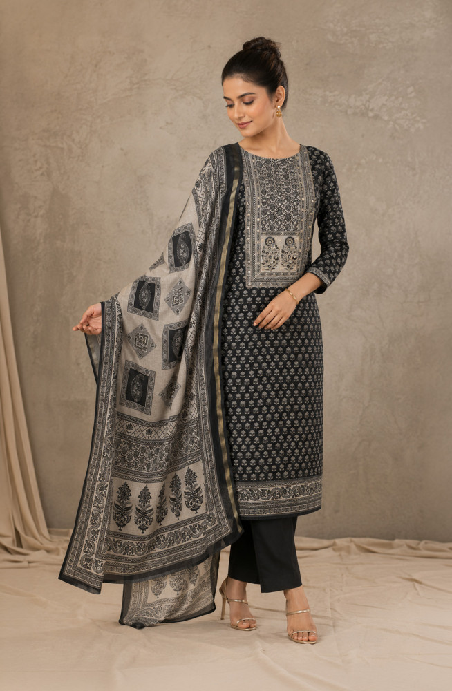 Image of Black Silk Unstitched Suit Set with Beautiful Dupatta - 944-1374A