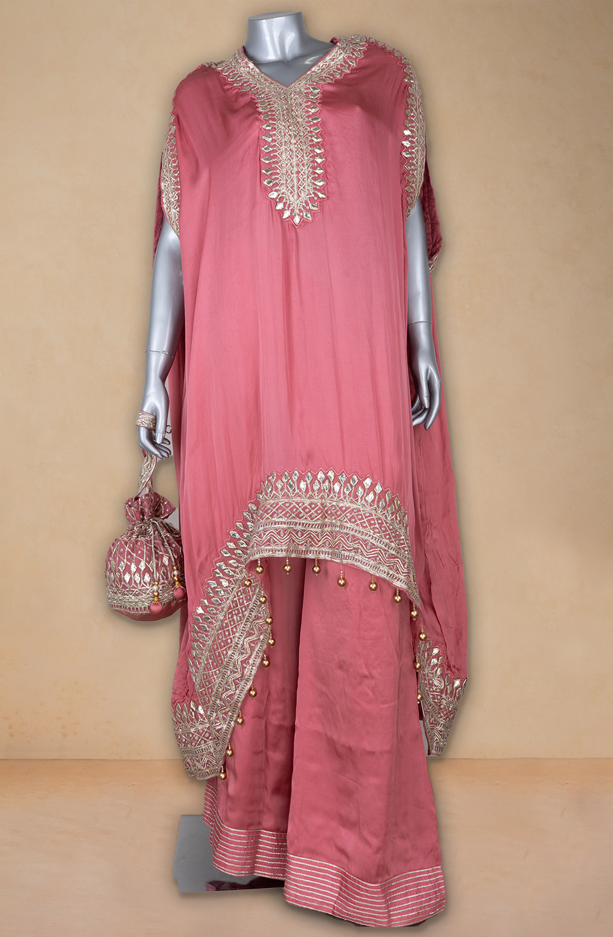 Pink Satin Silk Co-ords Set with Potli- 1009-468