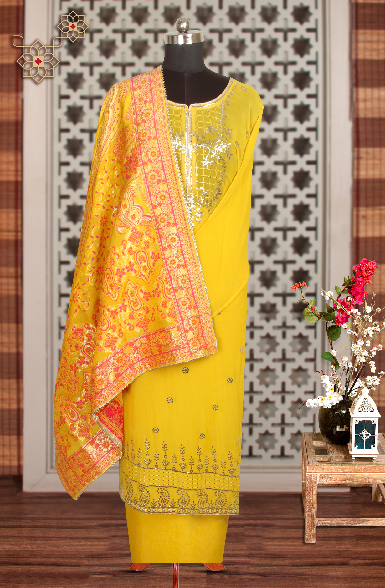 Yellow Designer Georgette Salwar Kameez with Banarasi Silk Dupatta - 908-1040