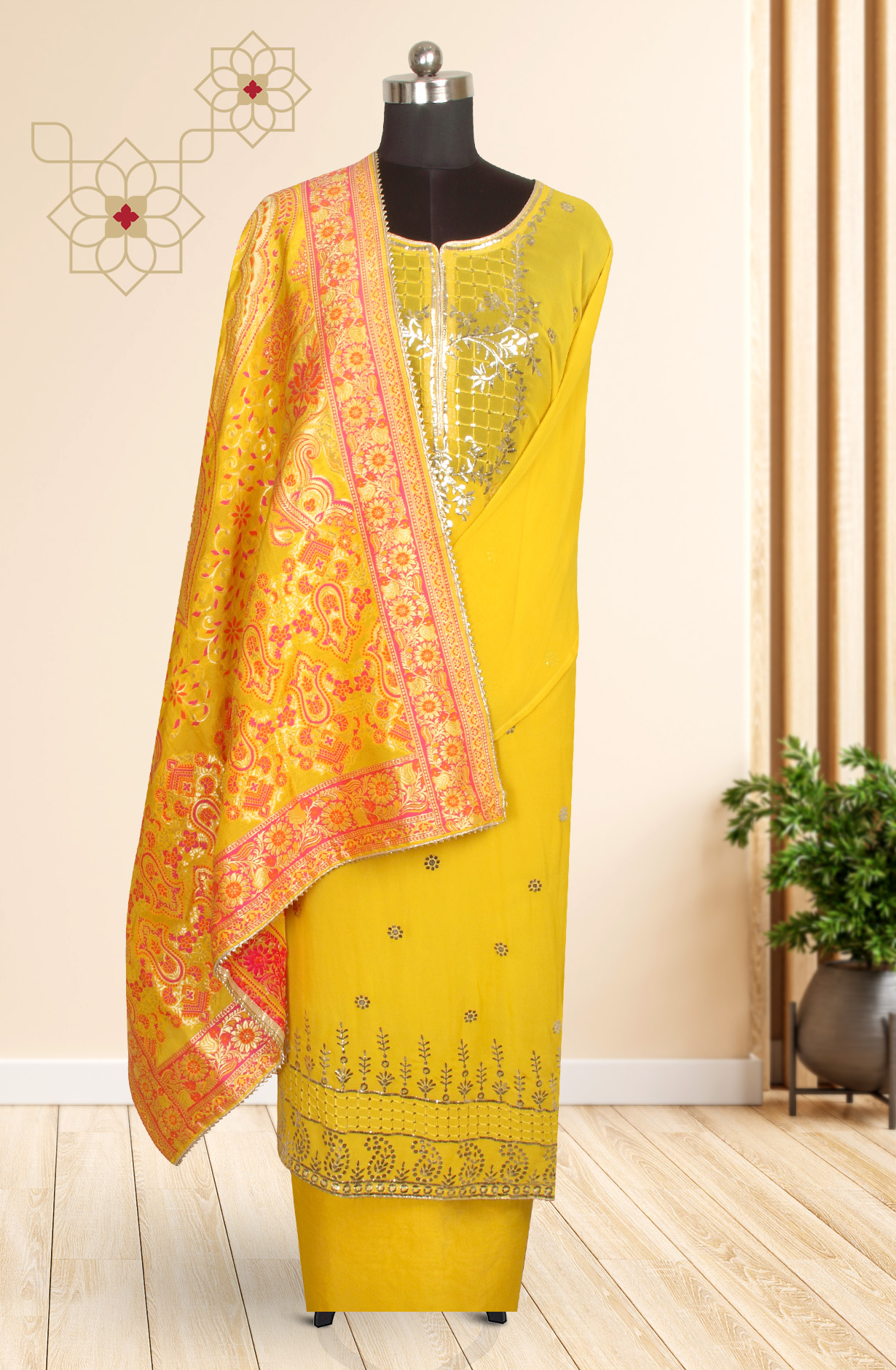 Yellow Designer Georgette Salwar Kameez with Banarasi Silk Dupatta - 908-1040