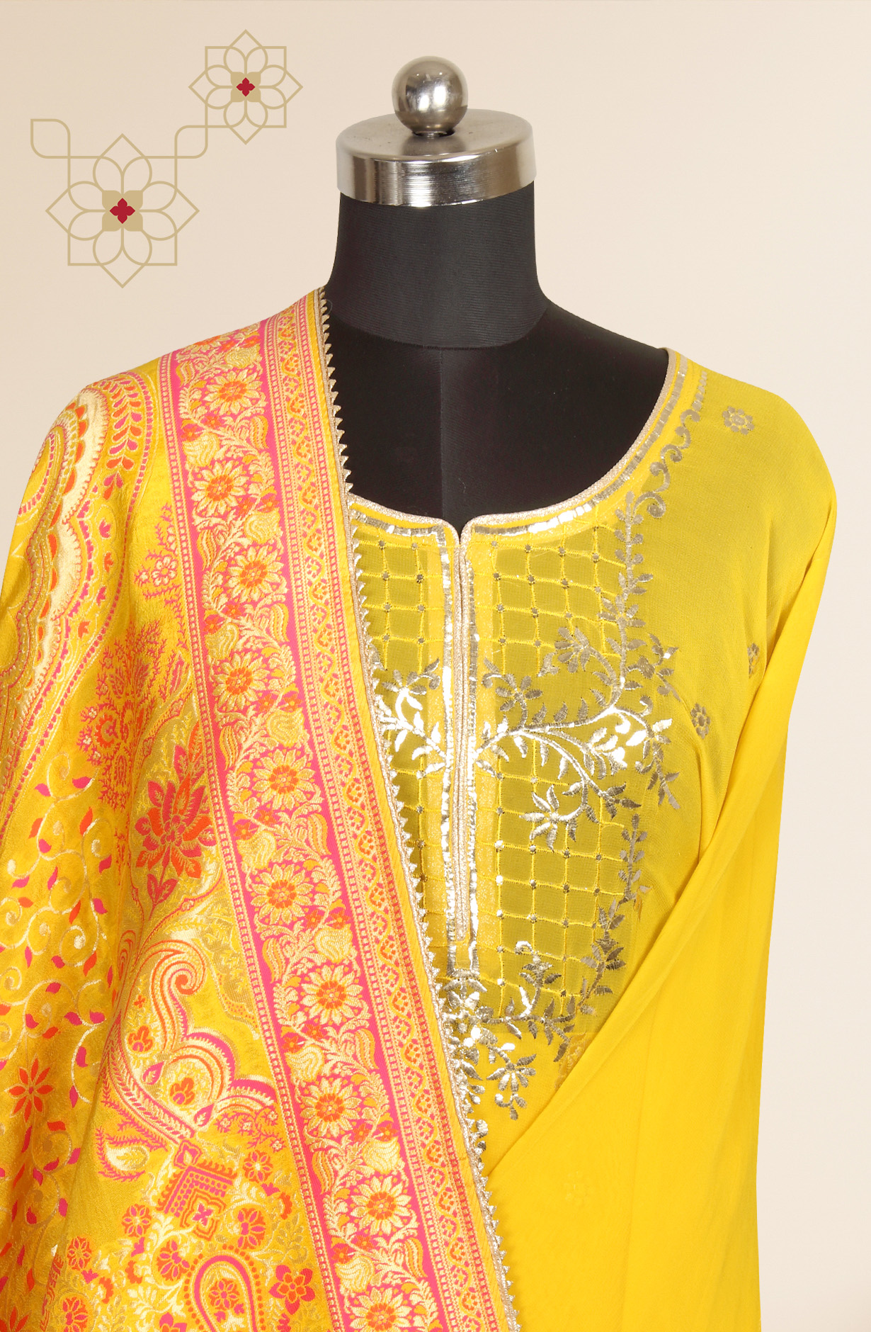 Yellow Designer Georgette Salwar Kameez with Banarasi Silk Dupatta - 908-1040