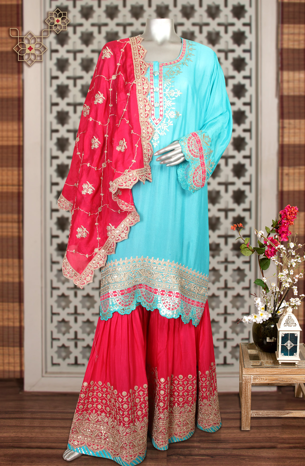 Firozi Partywear Chinon Semi-stitched Sharara Suit - 908-295