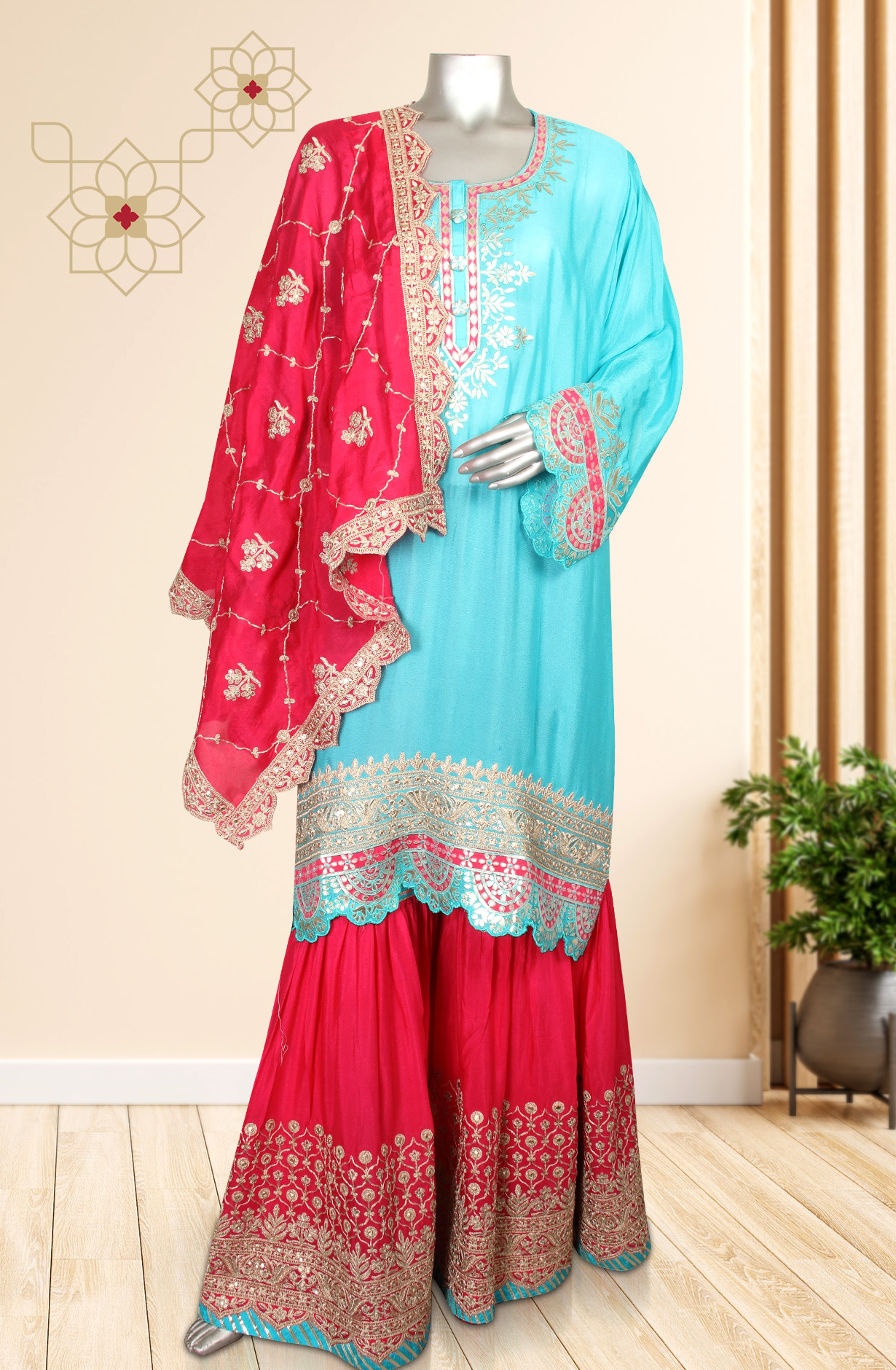 Firozi Partywear Chinon Semi-stitched Sharara Suit - 908-295