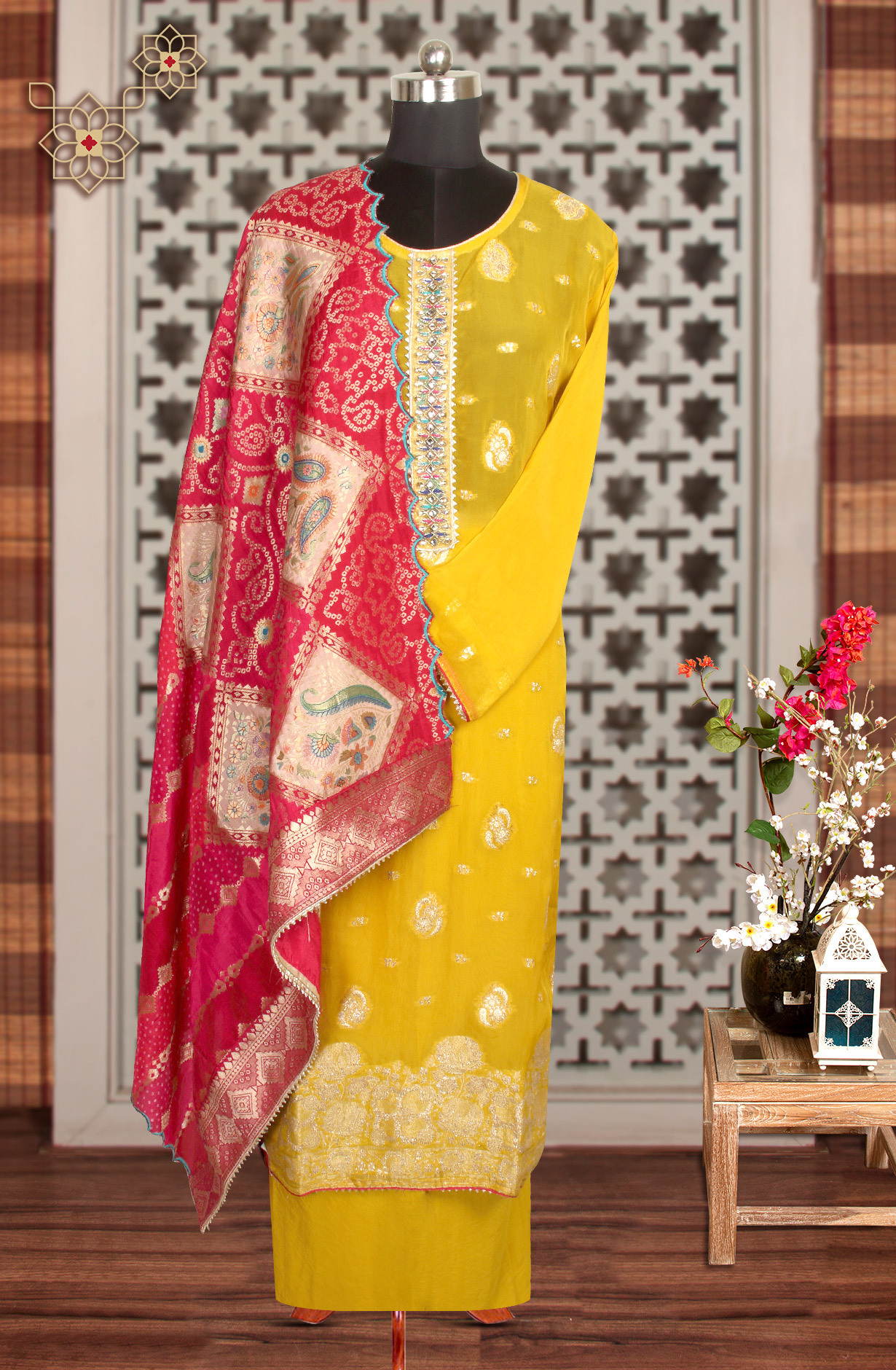 Yellow Designer Organza Semi-stitched Suit with Banarasi Silk Dupatta - 908-981