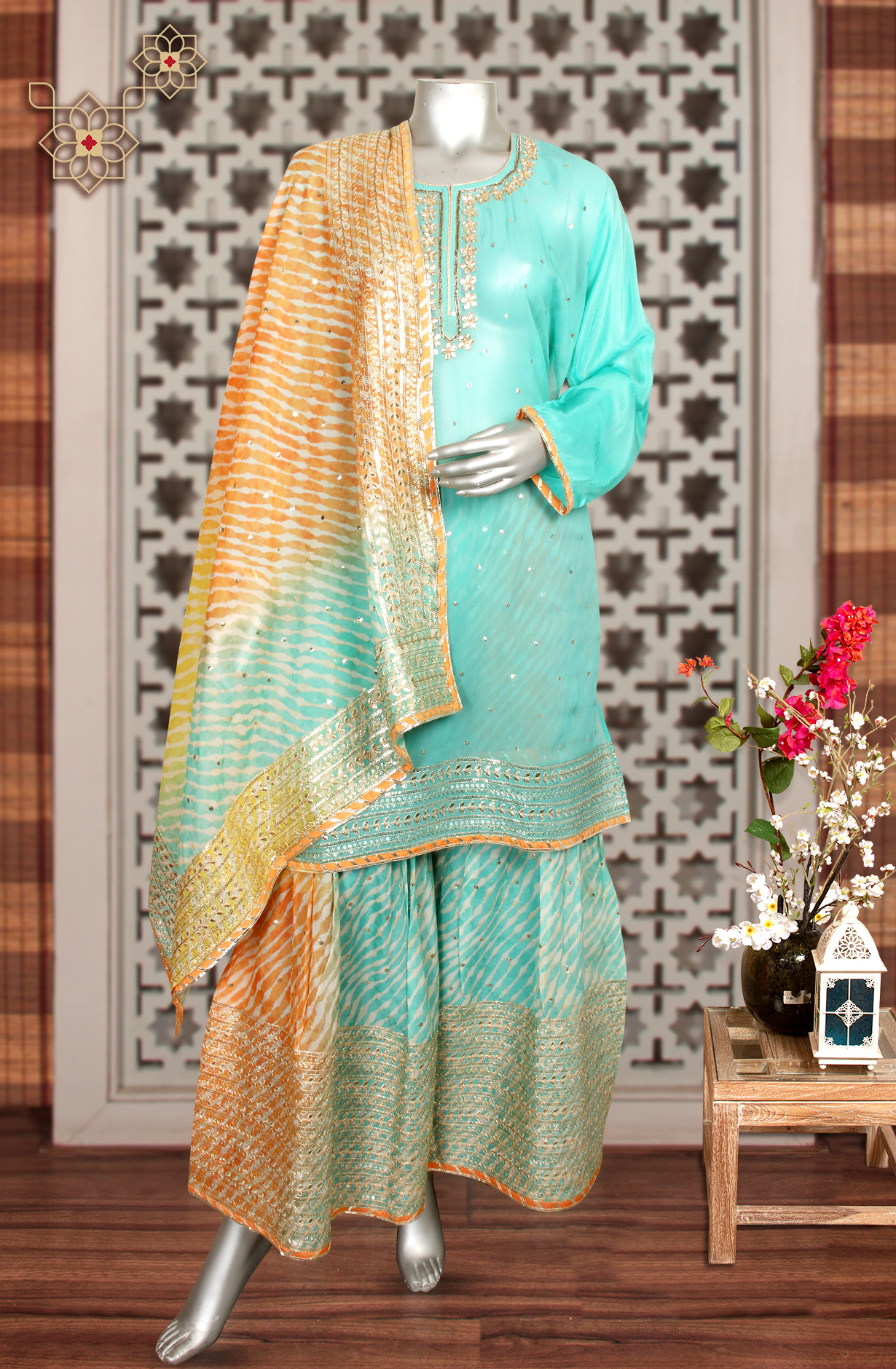 Sea Green Partywear Organza Semi-stitched Sharara Suit - 908-A82B