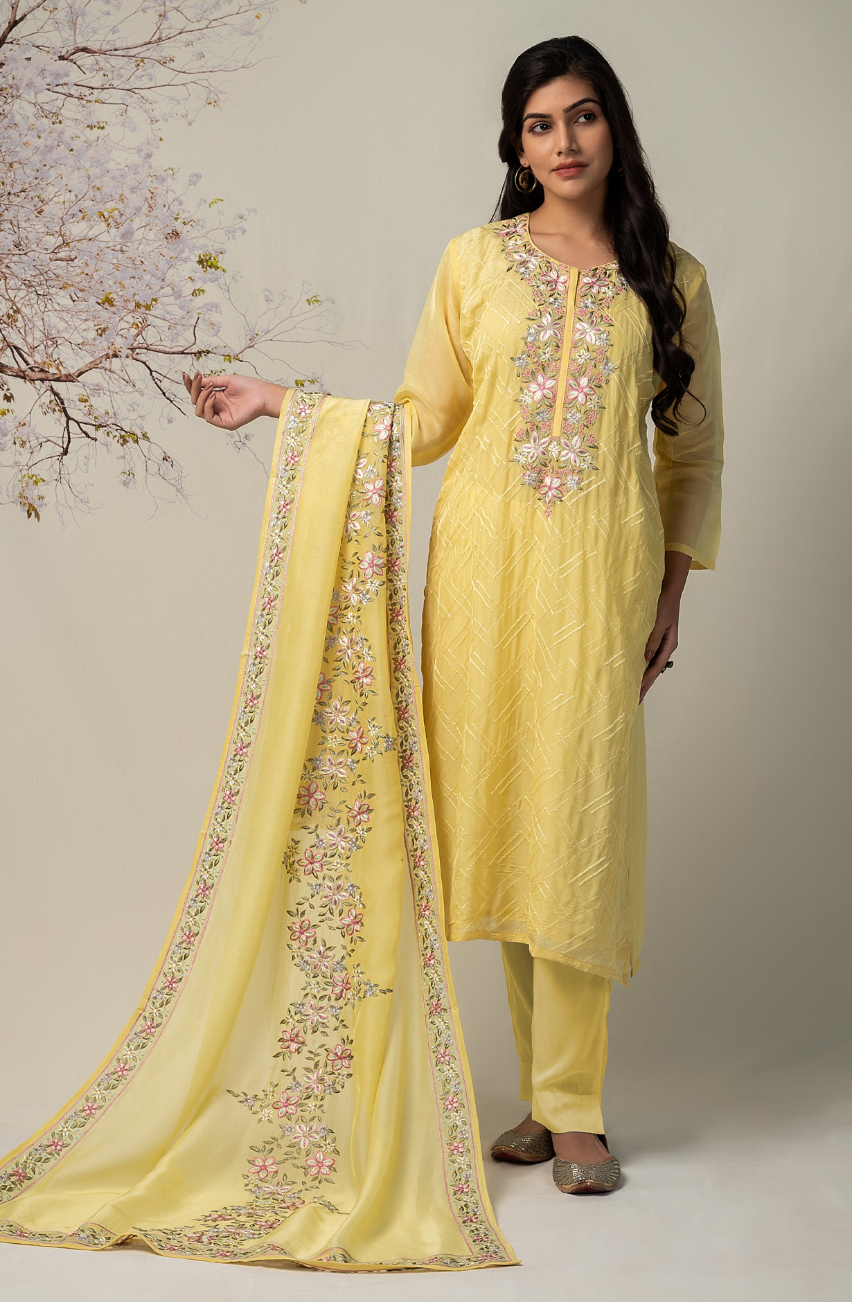Yellow Organza Beautiful Embroidered Exclusive Salwar Kameez - R157-SPR1427