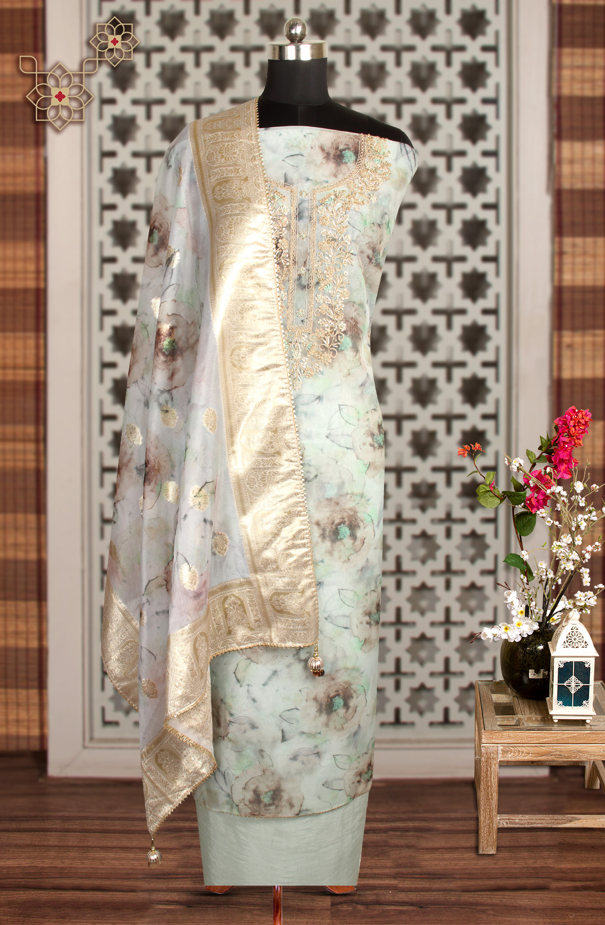 Sea Green Designer Partywear Organza Salwar Kameez - 912-AC18945