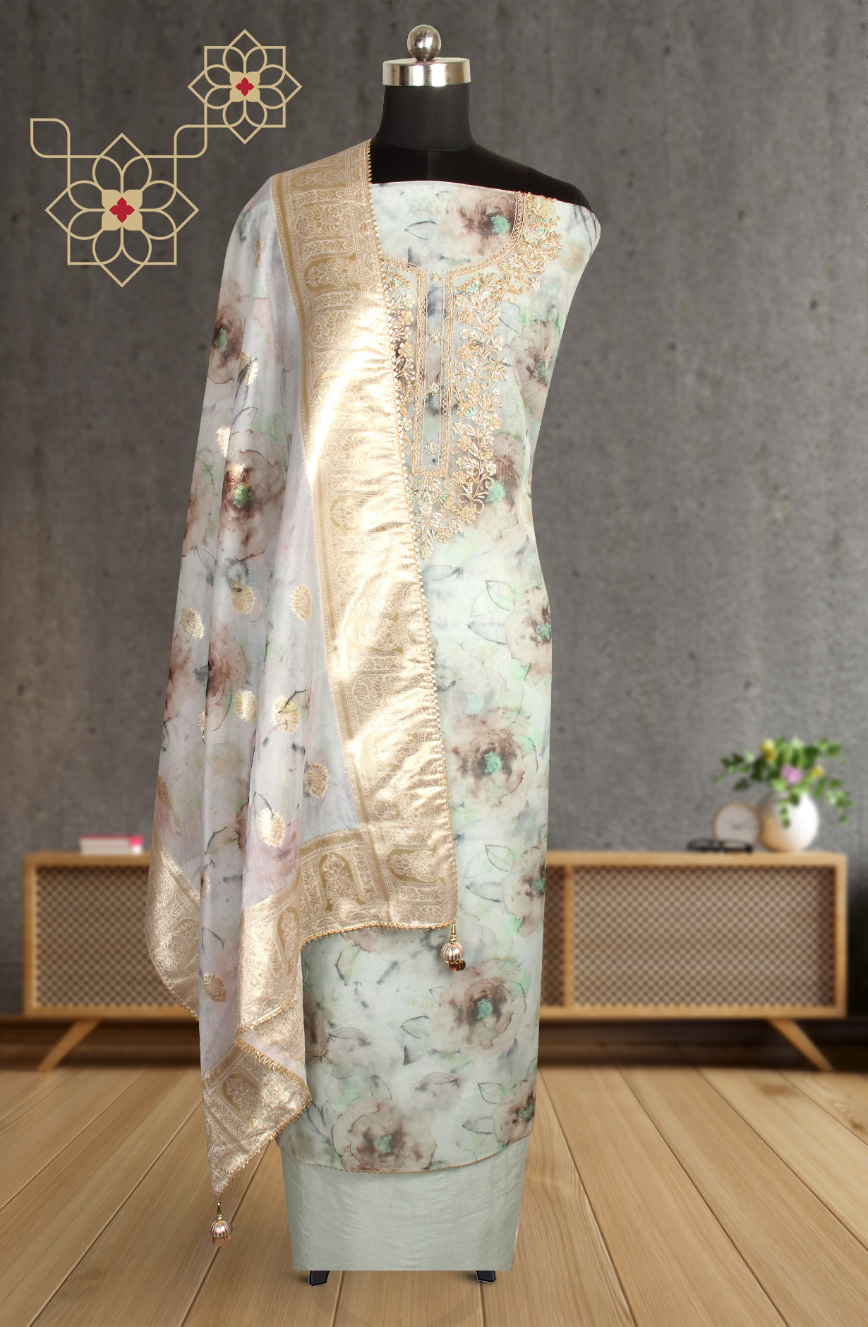 Sea Green Designer Partywear Organza Salwar Kameez - 912-AC18945