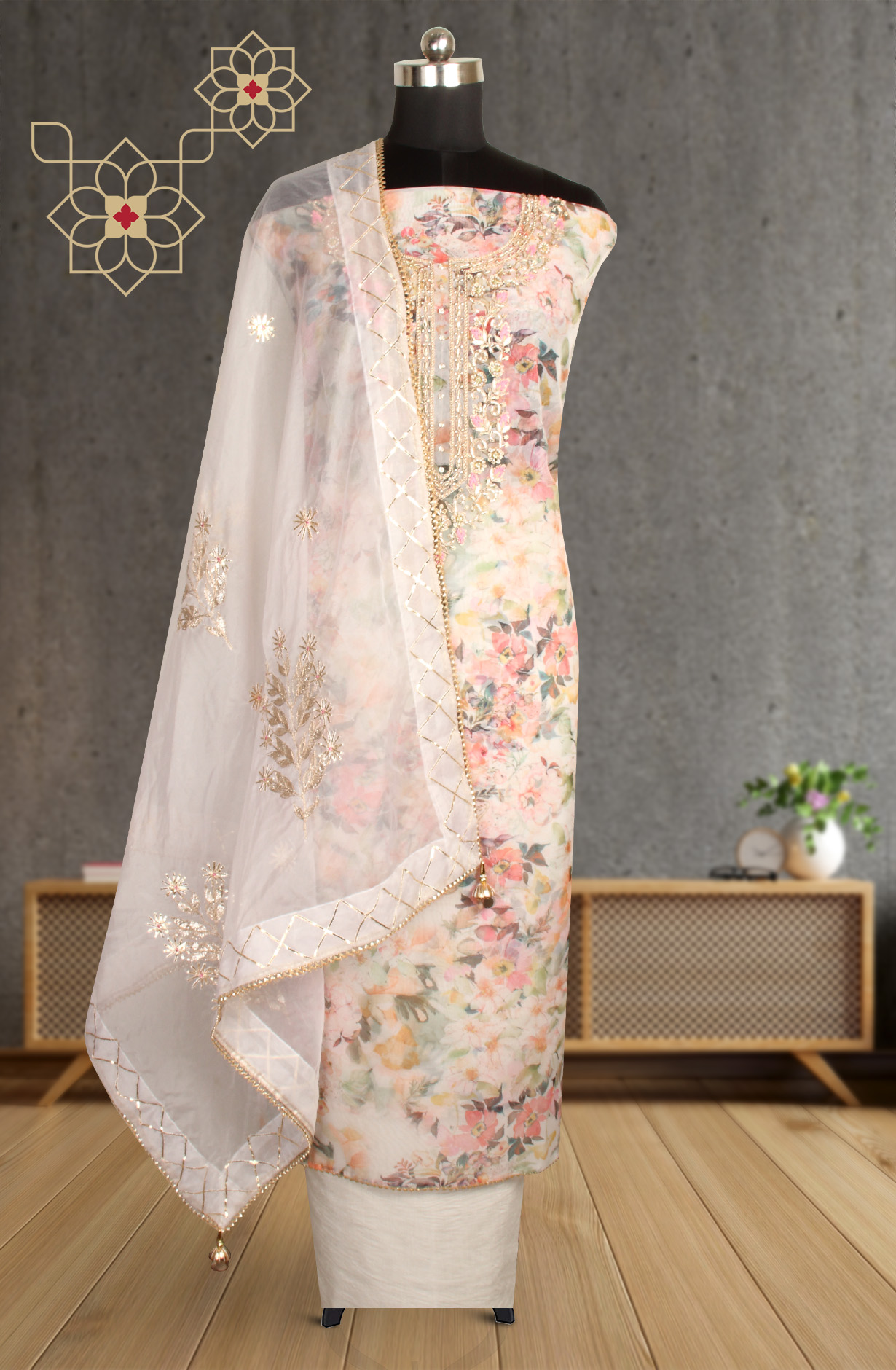 Multi-coloured Designer Partywear Organza Salwar Kameez - 912-AC18946