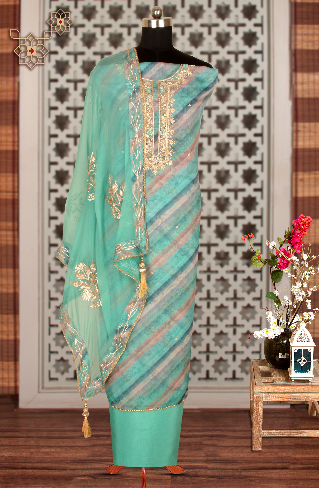 Green Organza Beautiful Unstitched Suit with Chiffon Dupatta - 912-AC19065