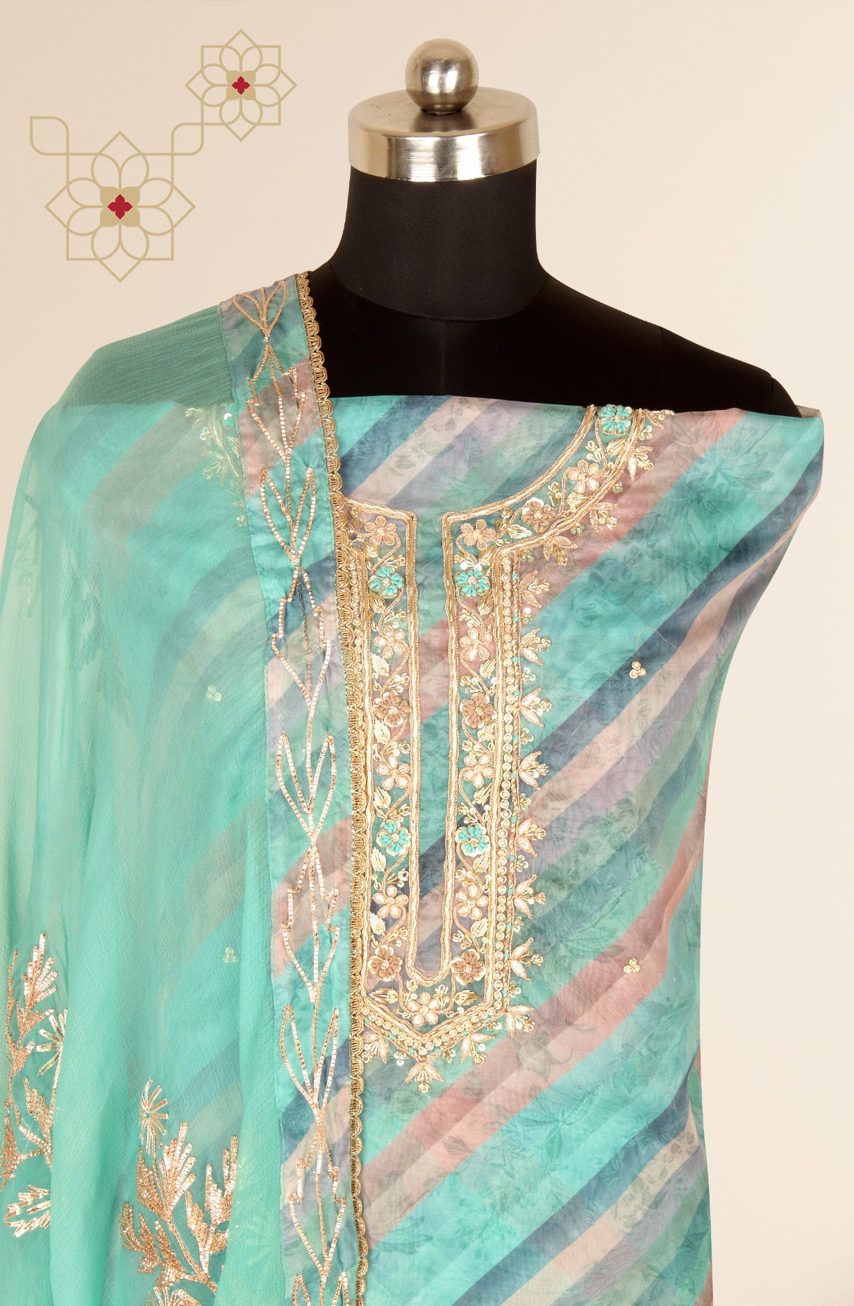 Green Organza Beautiful Unstitched Suit with Chiffon Dupatta - 912-AC19065