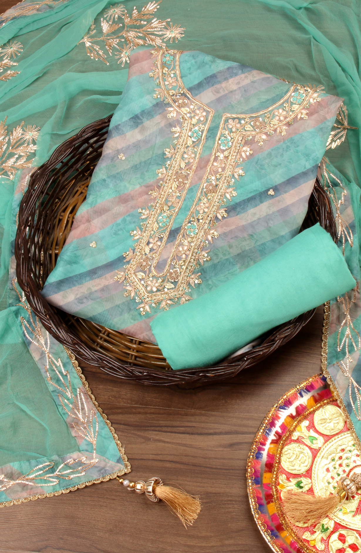 Green Organza Beautiful Unstitched Suit with Chiffon Dupatta - 912-AC19065