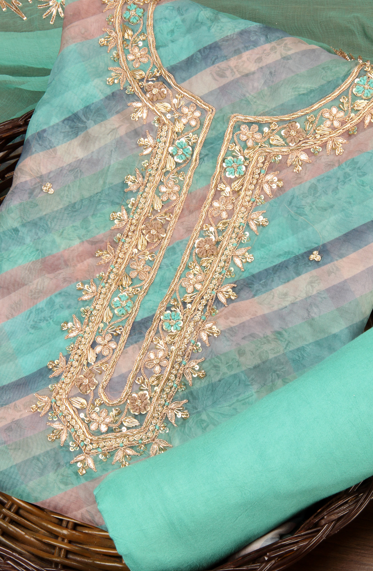 Green Organza Beautiful Unstitched Suit with Chiffon Dupatta - 912-AC19065