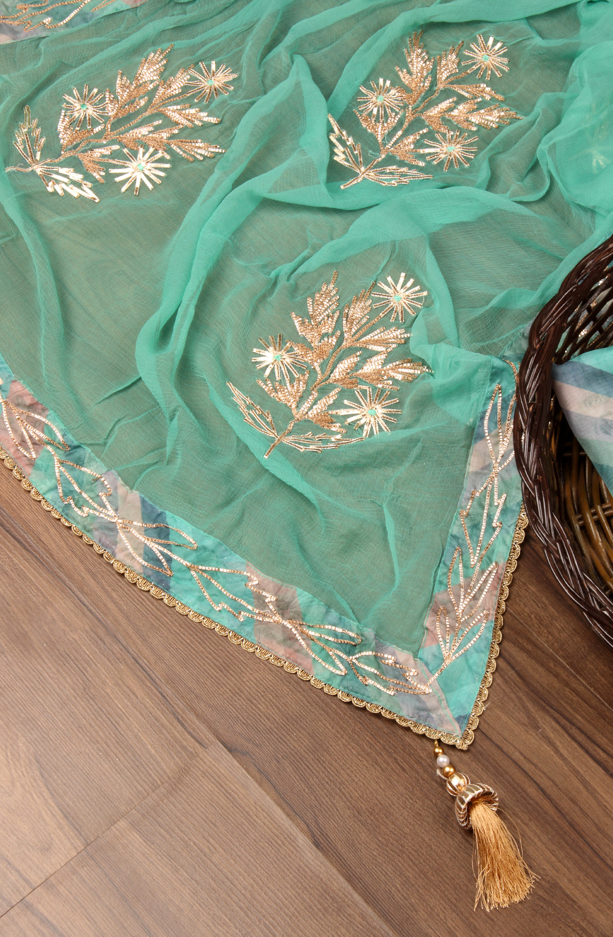 Green Organza Beautiful Unstitched Suit with Chiffon Dupatta - 912-AC19065