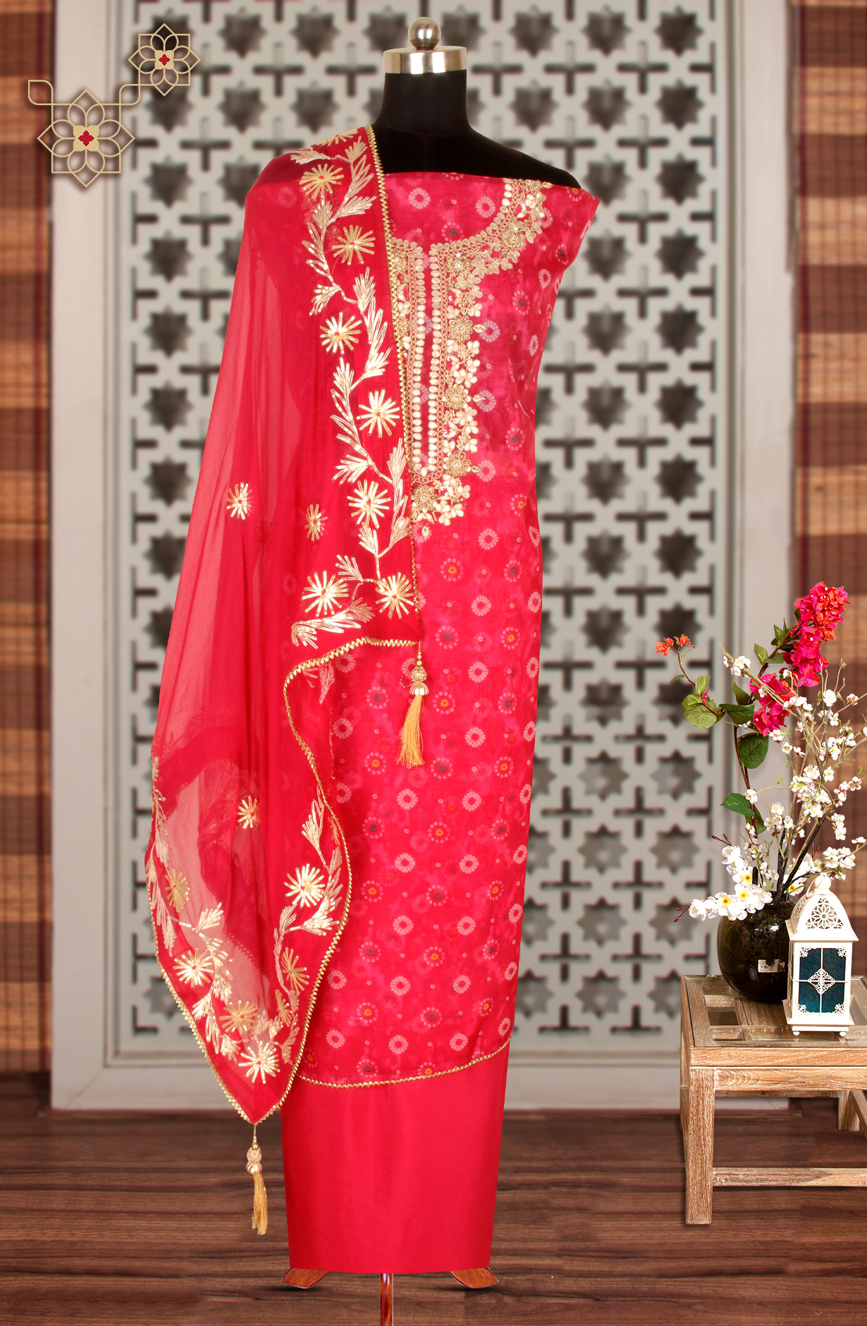 Rani Pink Organza Beautiful Unstitched Suit with Chiffon Dupatta - 912-AC19075