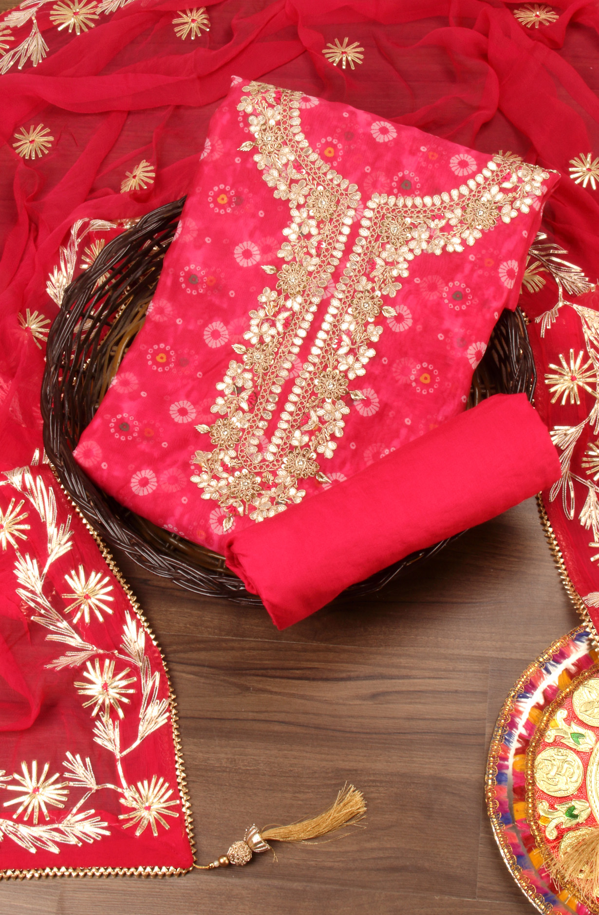 Rani Pink Organza Beautiful Unstitched Suit with Chiffon Dupatta - 912-AC19075