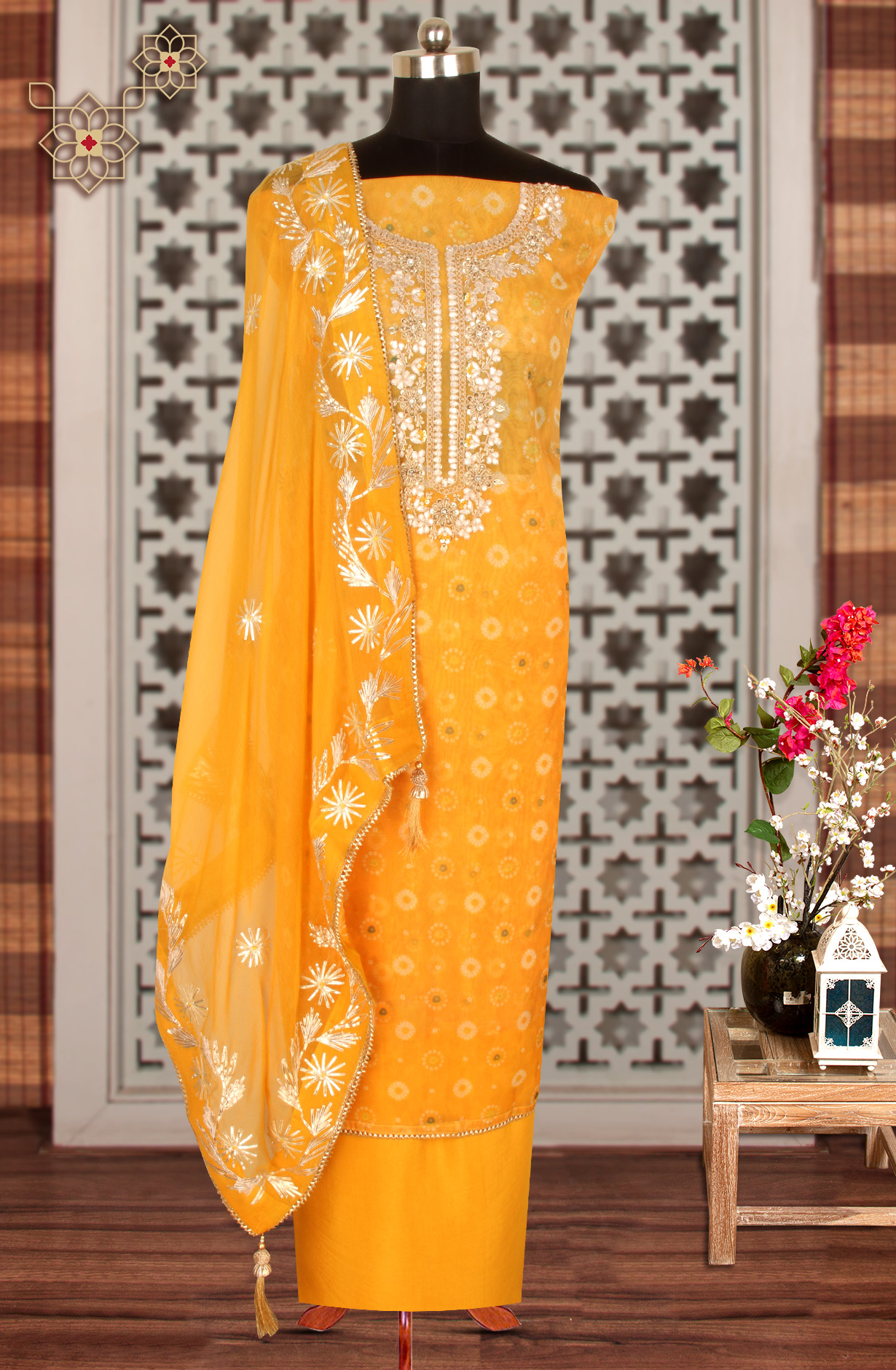Mustard Organza Beautiful Unstitched Suit with Chiffon Dupatta - 912-AC19075A