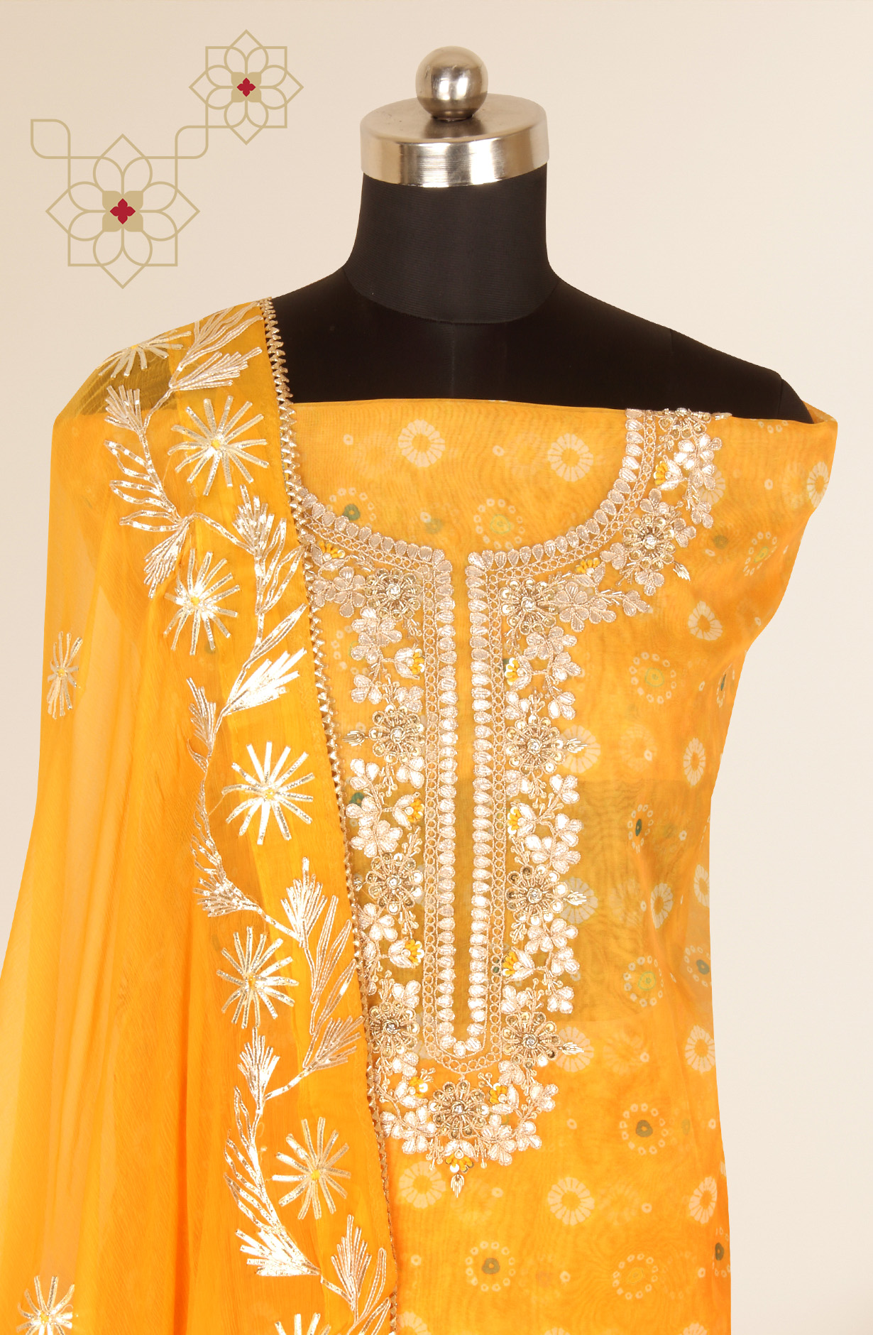 Mustard Organza Beautiful Unstitched Suit with Chiffon Dupatta - 912-AC19075A