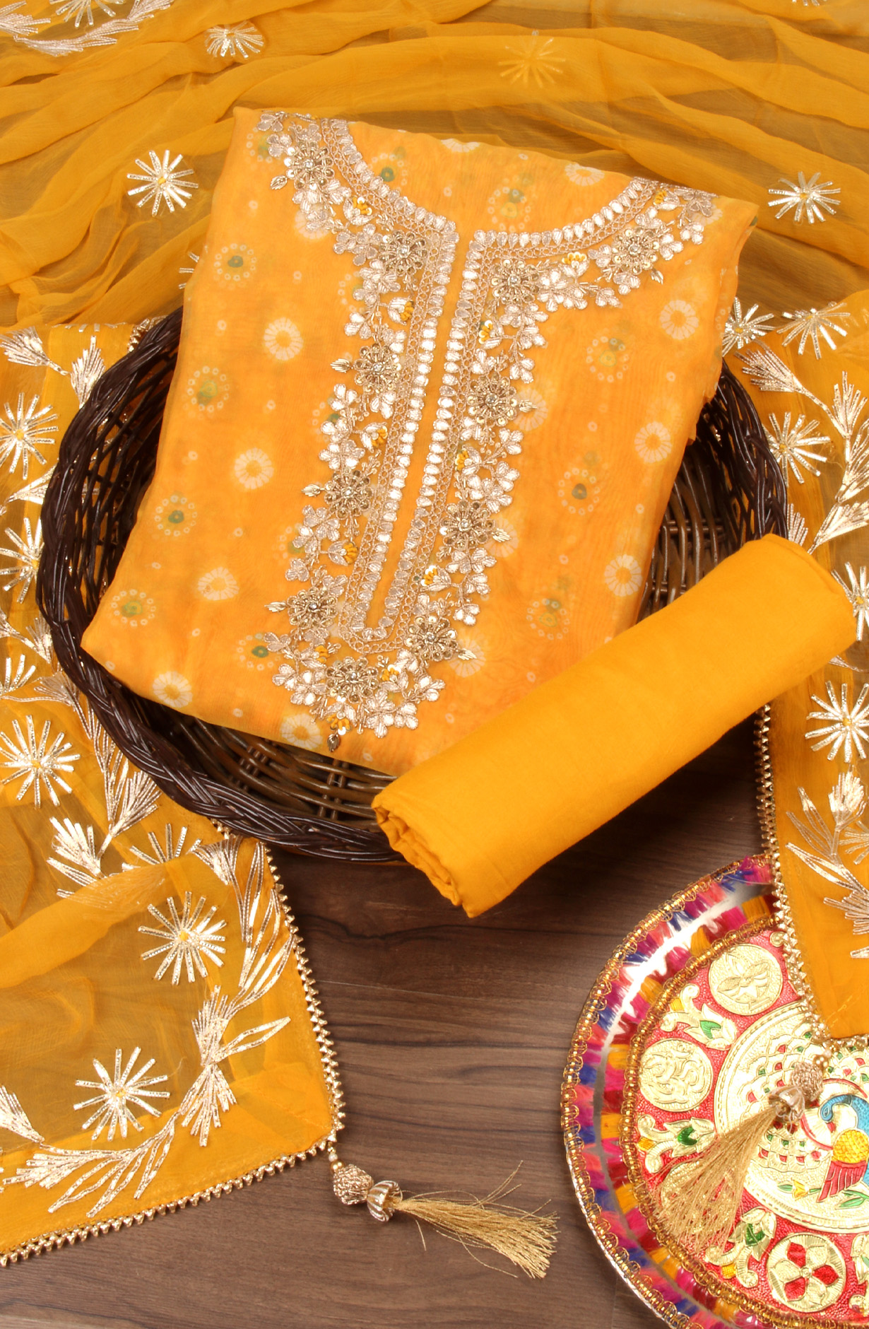 Mustard Organza Beautiful Unstitched Suit with Chiffon Dupatta - 912-AC19075A
