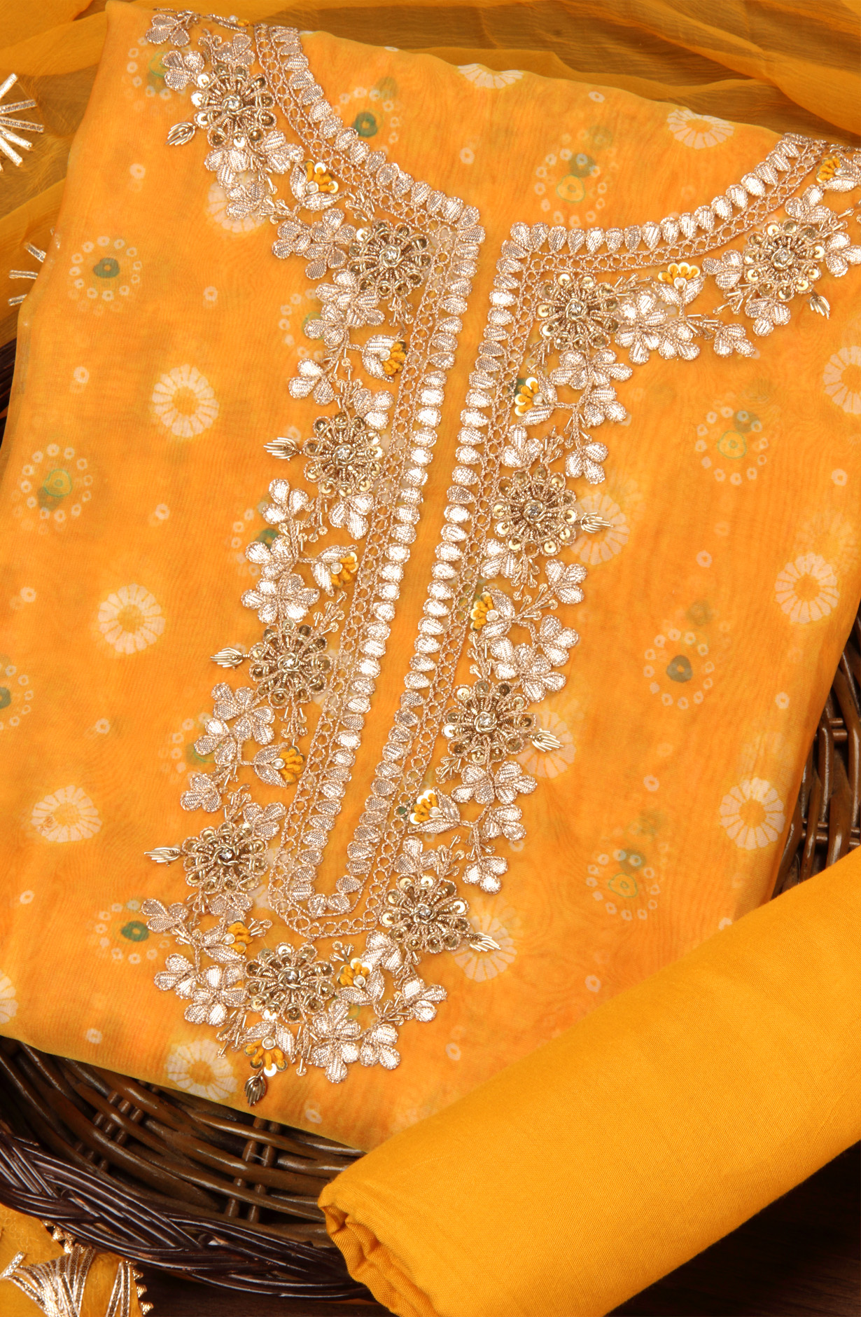 Mustard Organza Beautiful Unstitched Suit with Chiffon Dupatta - 912-AC19075A
