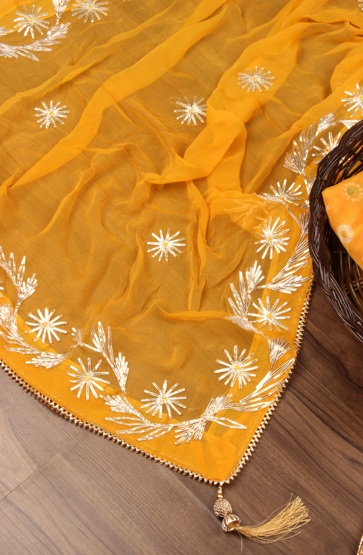 Mustard Organza Beautiful Unstitched Suit with Chiffon Dupatta - 912-AC19075A