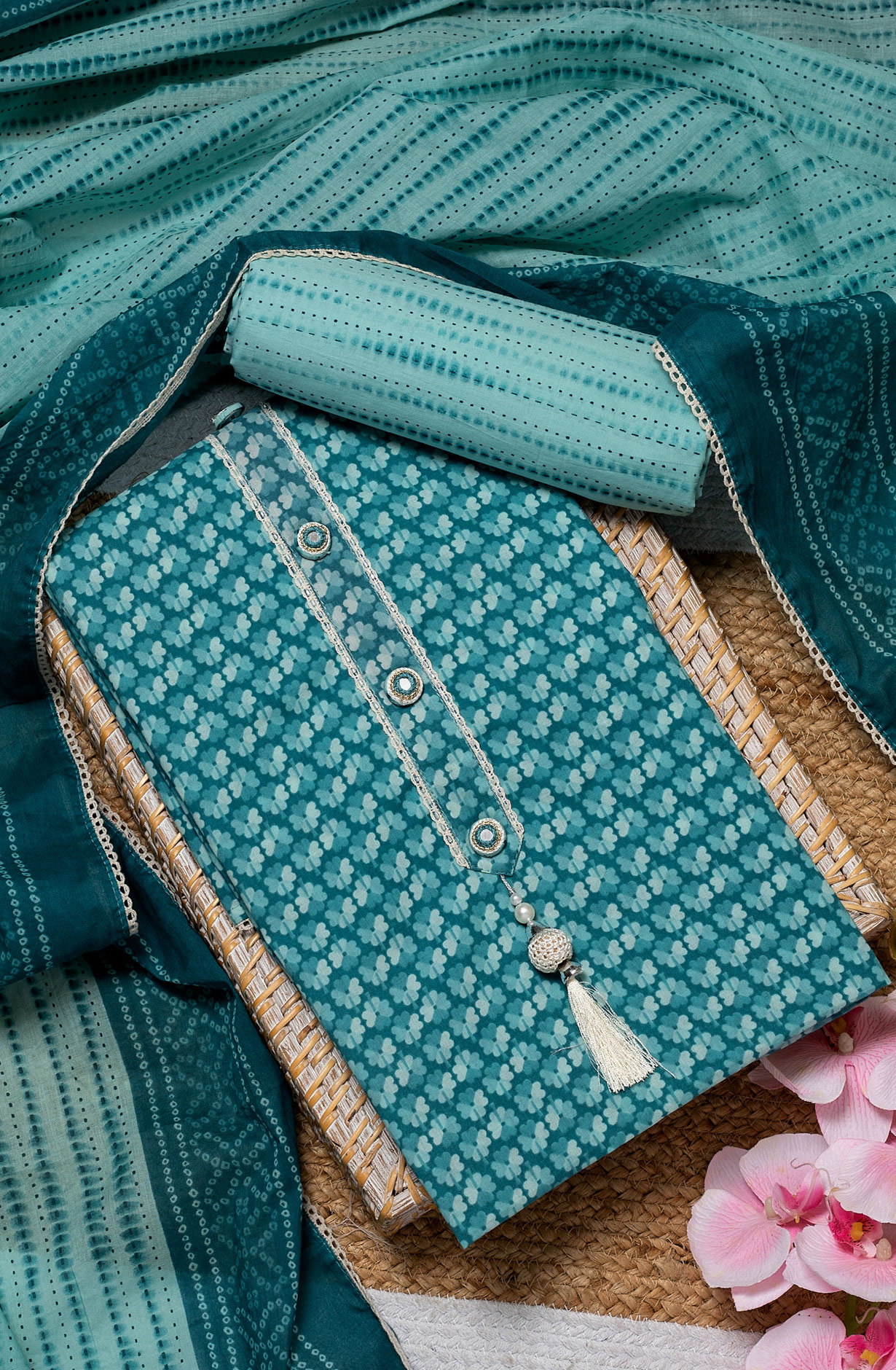 Teal Cotton Printed Salwar Kameez Dupatta - 912-AD00232