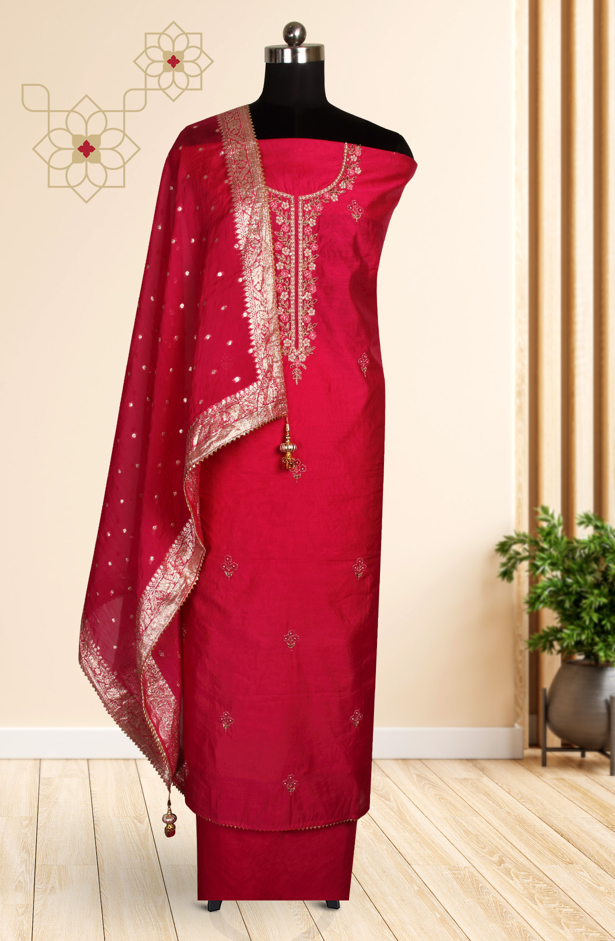 Rani Pink Beautiful Chanderi Unstitched Salwar Suit - 912-DF08920