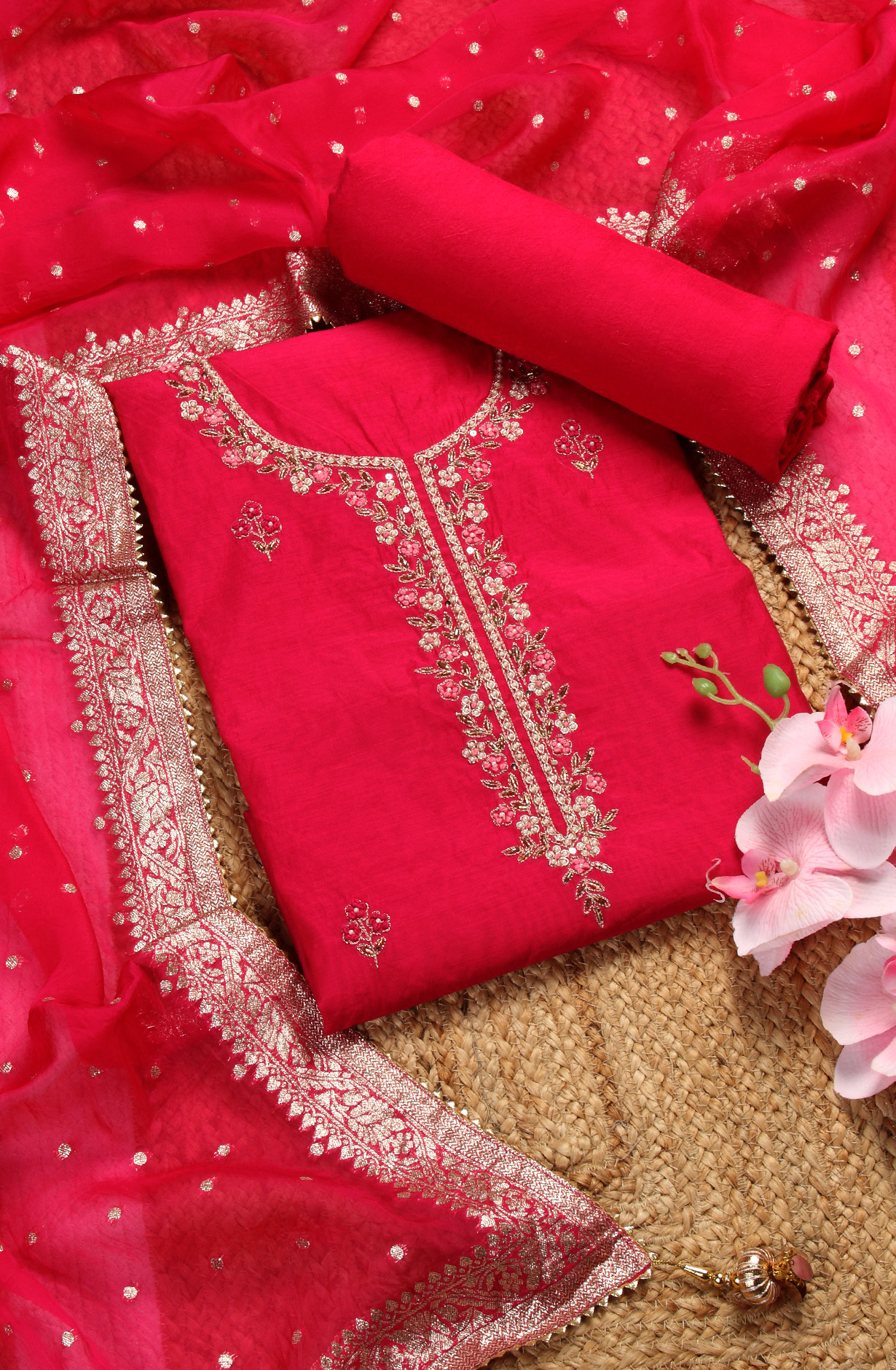 Rani Pink Beautiful Chanderi Unstitched Salwar Suit - 912-DF08920